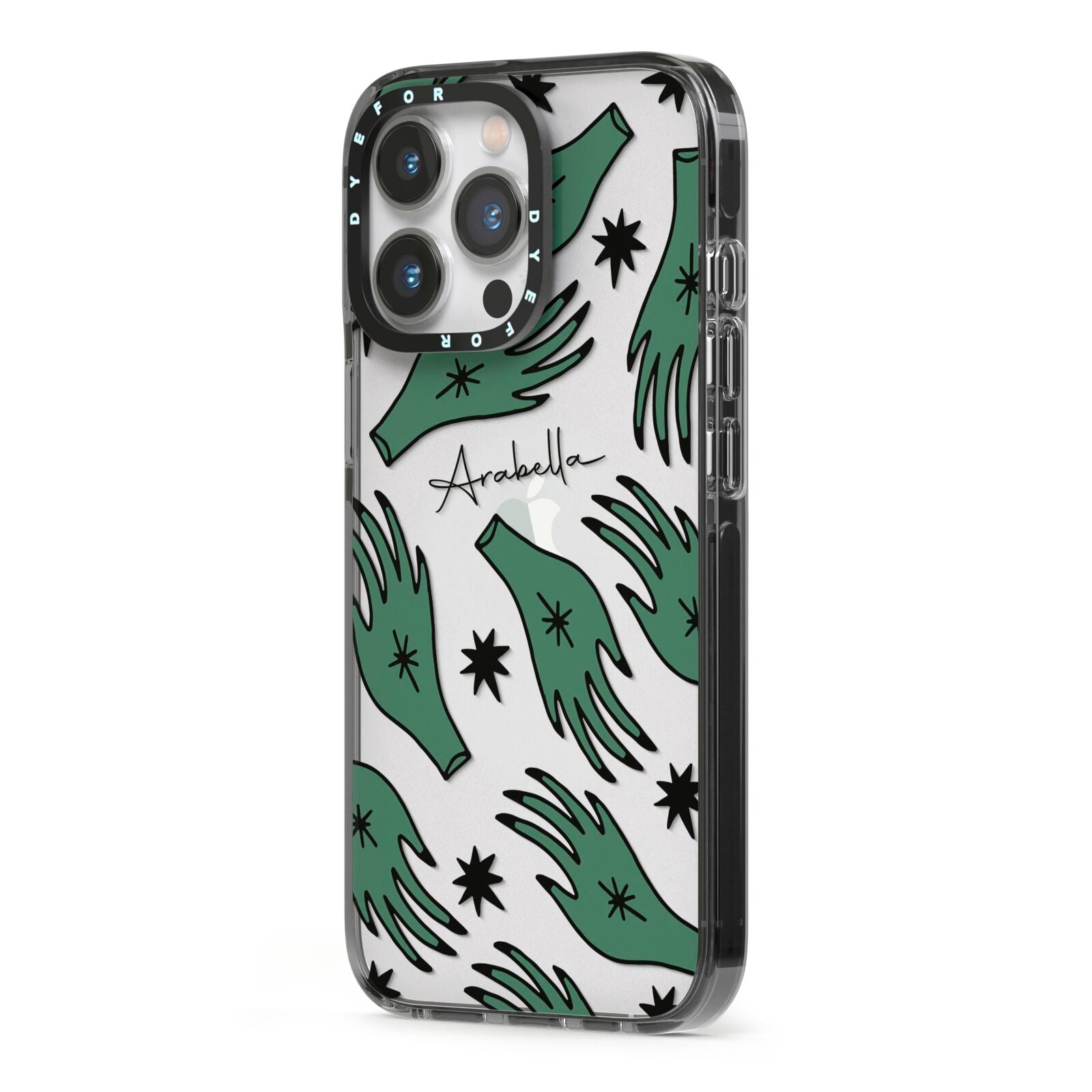 Green Star Hands Personalised iPhone 13 Pro Black Impact Case Side Angle on Silver phone