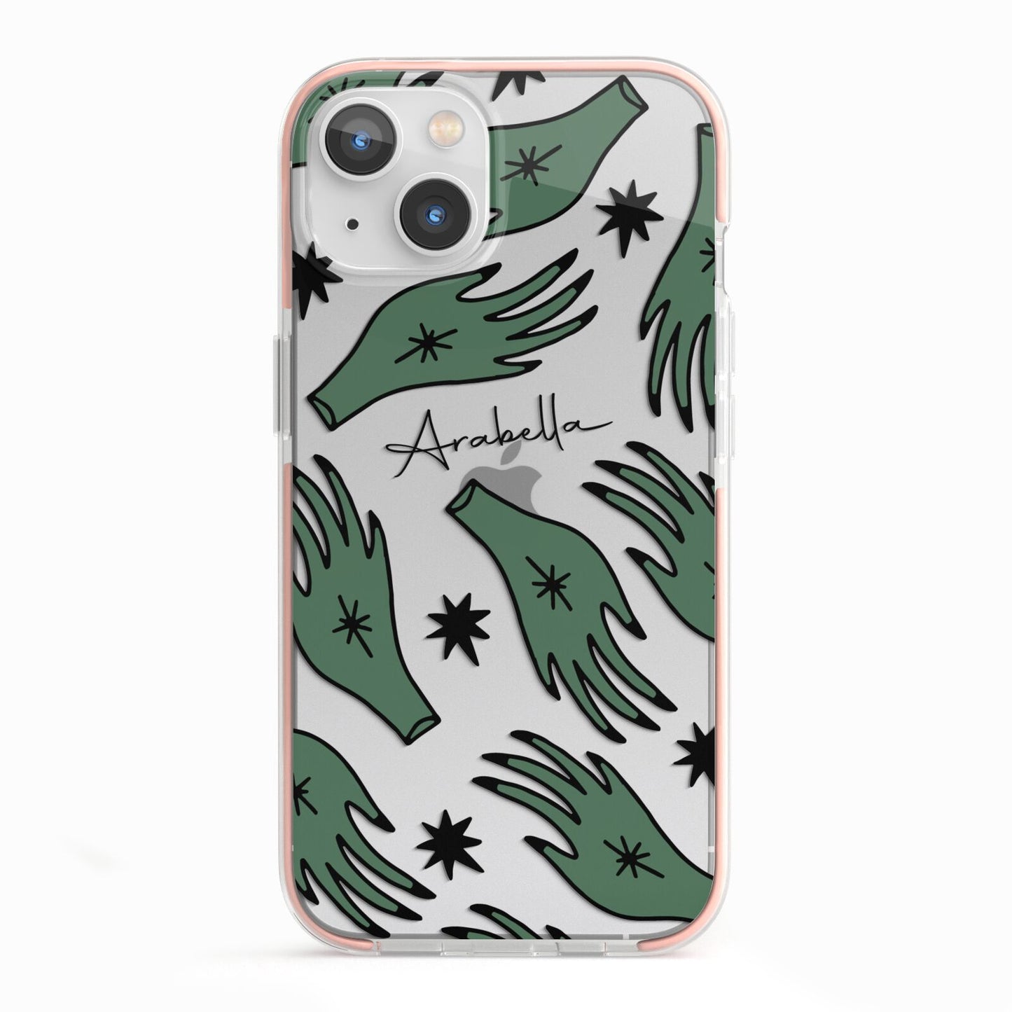 Green Star Hands Personalised iPhone 13 TPU Impact Case with Pink Edges