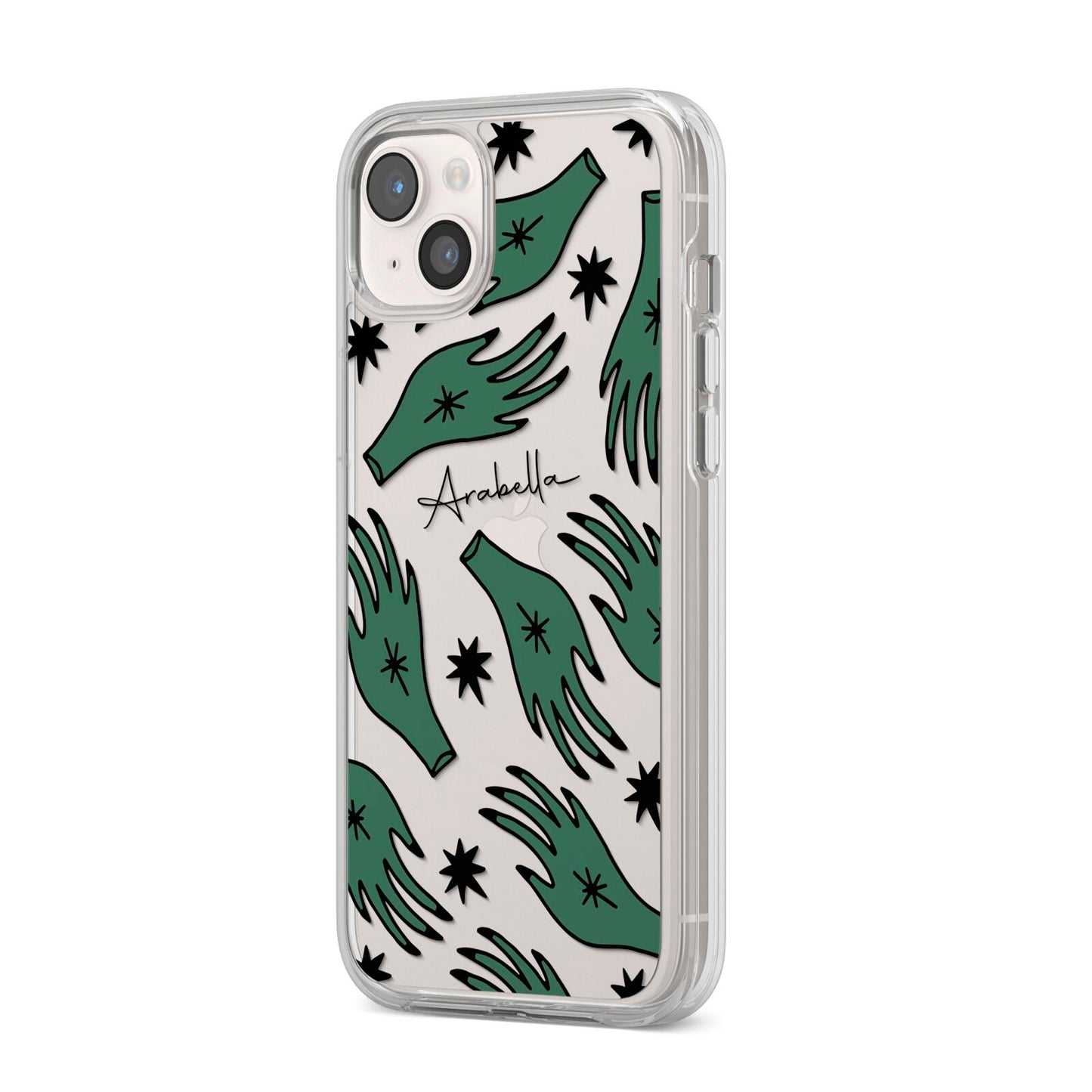 Green Star Hands Personalised iPhone 14 Plus Clear Tough Case Starlight Angled Image