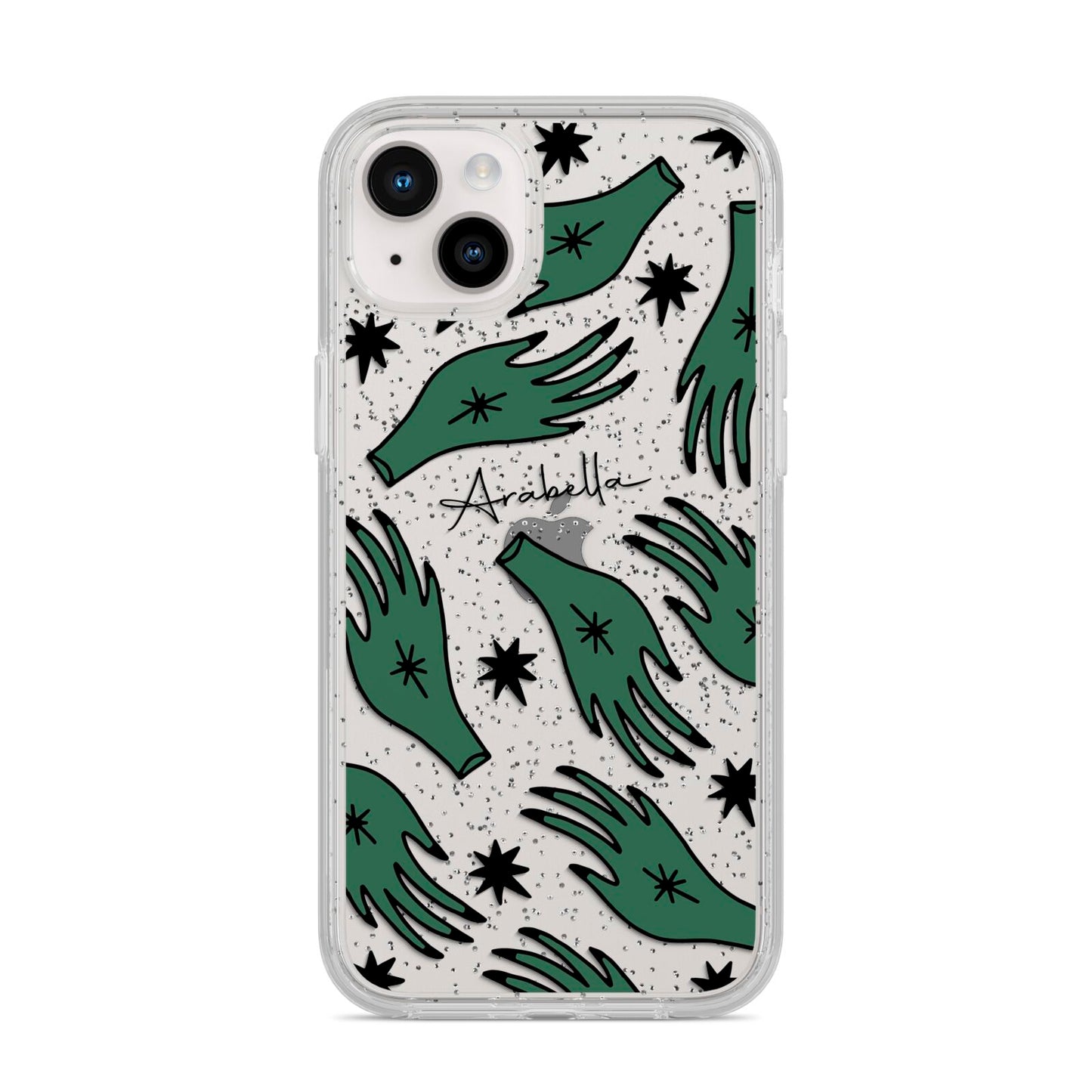 Green Star Hands Personalised iPhone 14 Plus Glitter Tough Case Starlight