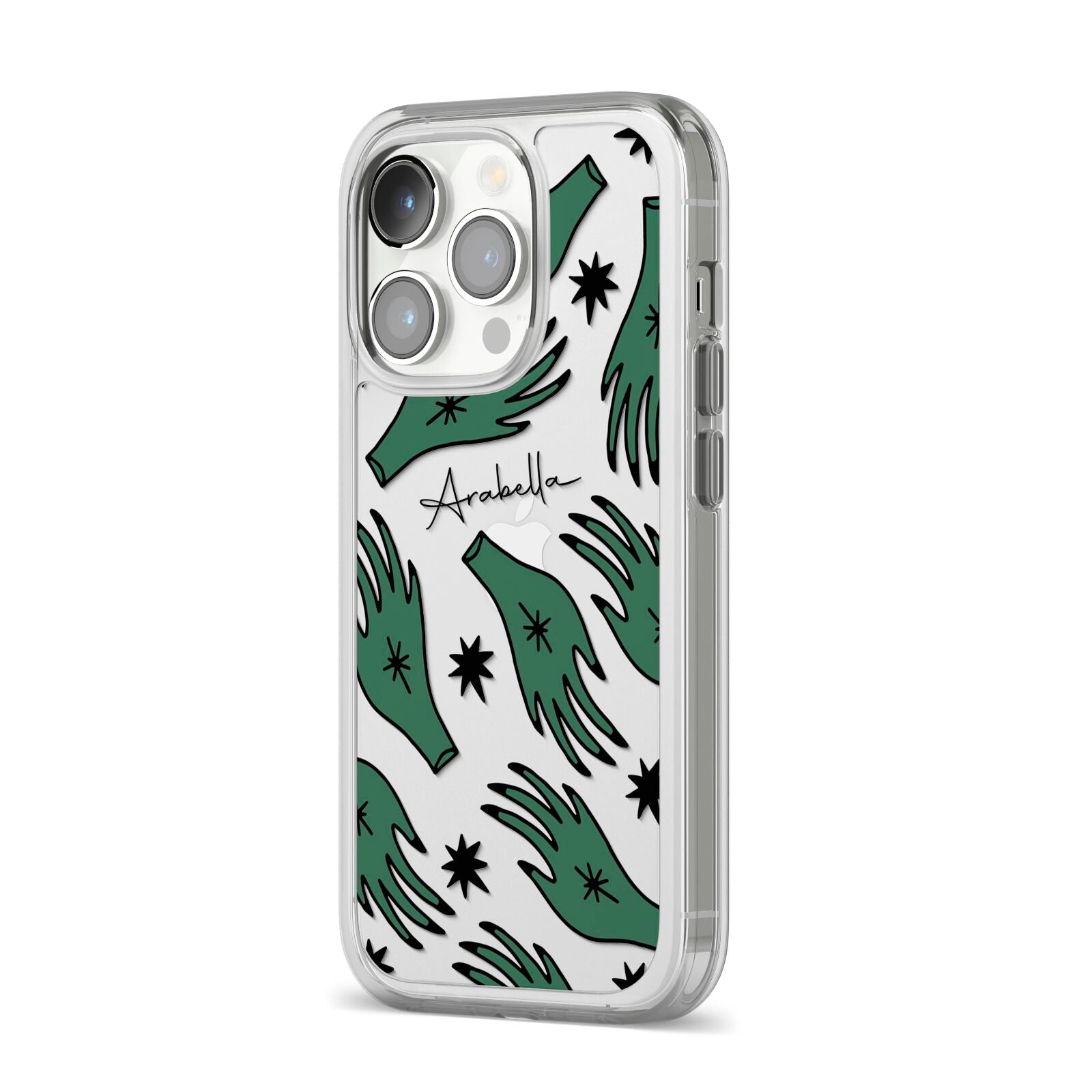 Green Star Hands Personalised iPhone 14 Pro Clear Tough Case Silver Angled Image