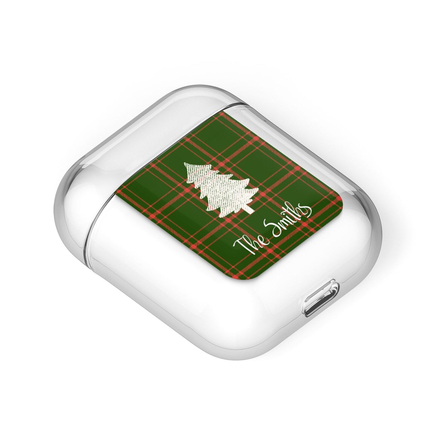 Green Tartan Christmas Tree Personalised AirPods Case Laid Flat