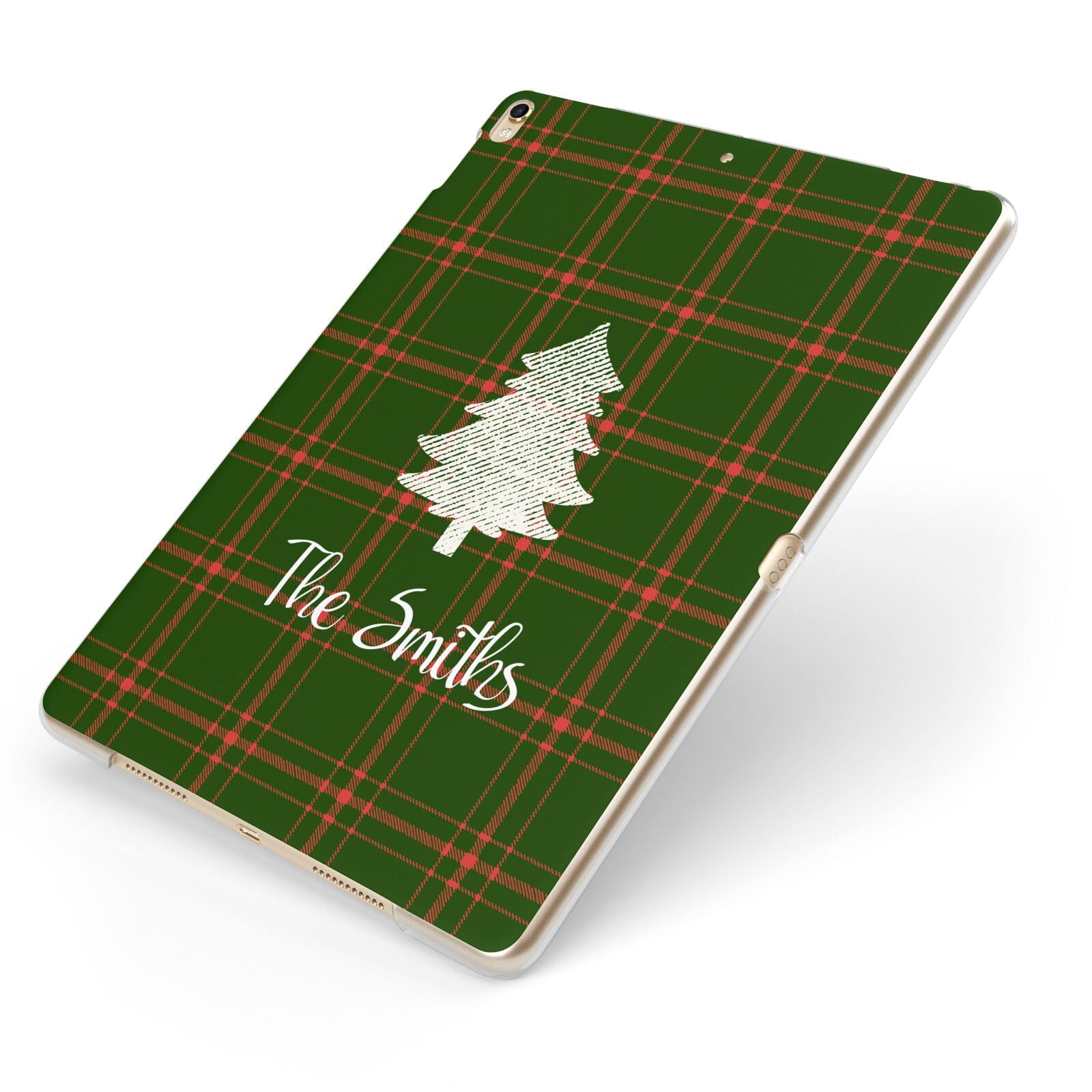 Green Tartan Christmas Tree Personalised Apple iPad Case on Gold iPad Side View