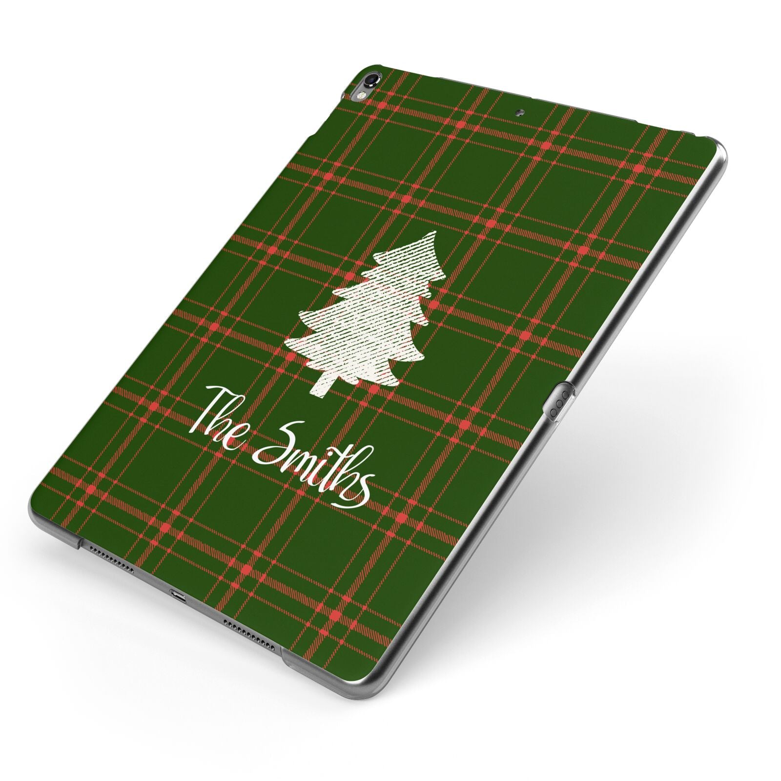 Green Tartan Christmas Tree Personalised Apple iPad Case on Grey iPad Side View