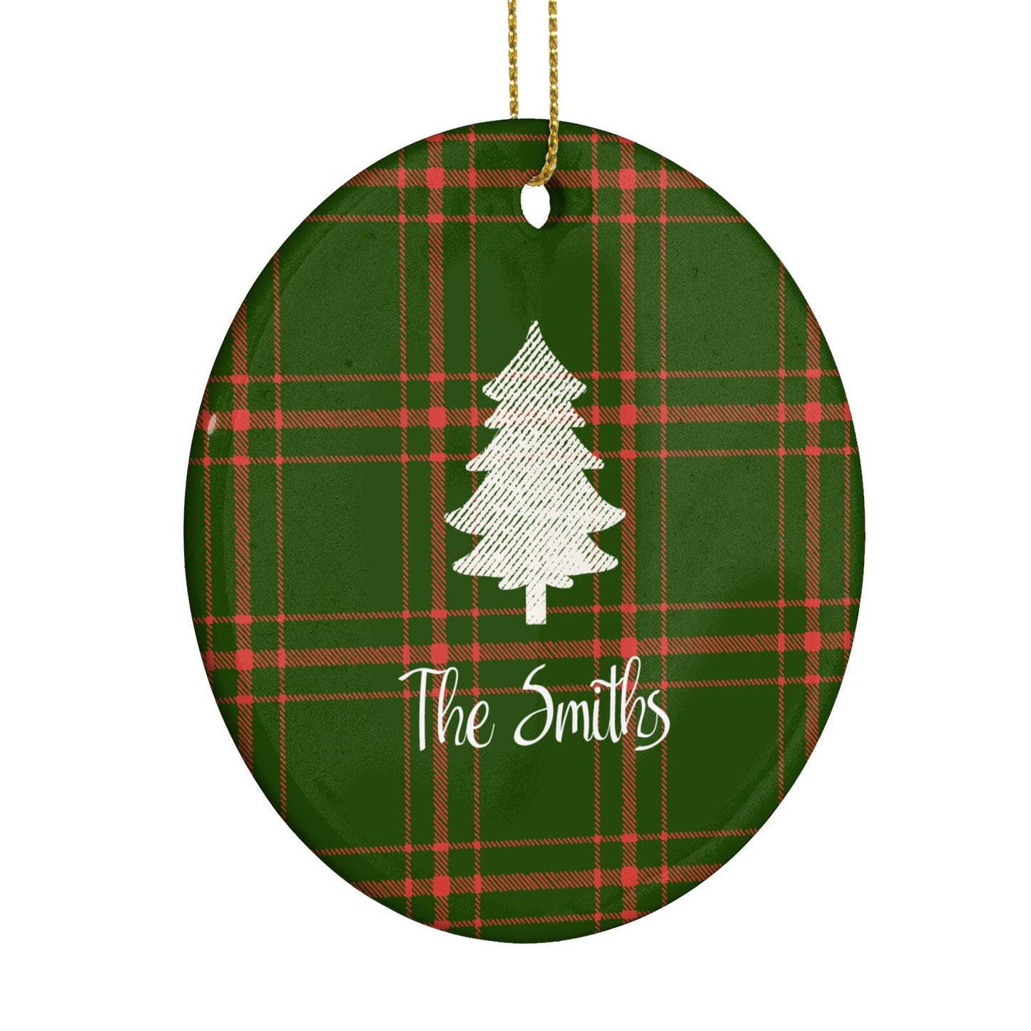 Green Tartan Christmas Tree Personalised Circle Decoration Side Angle