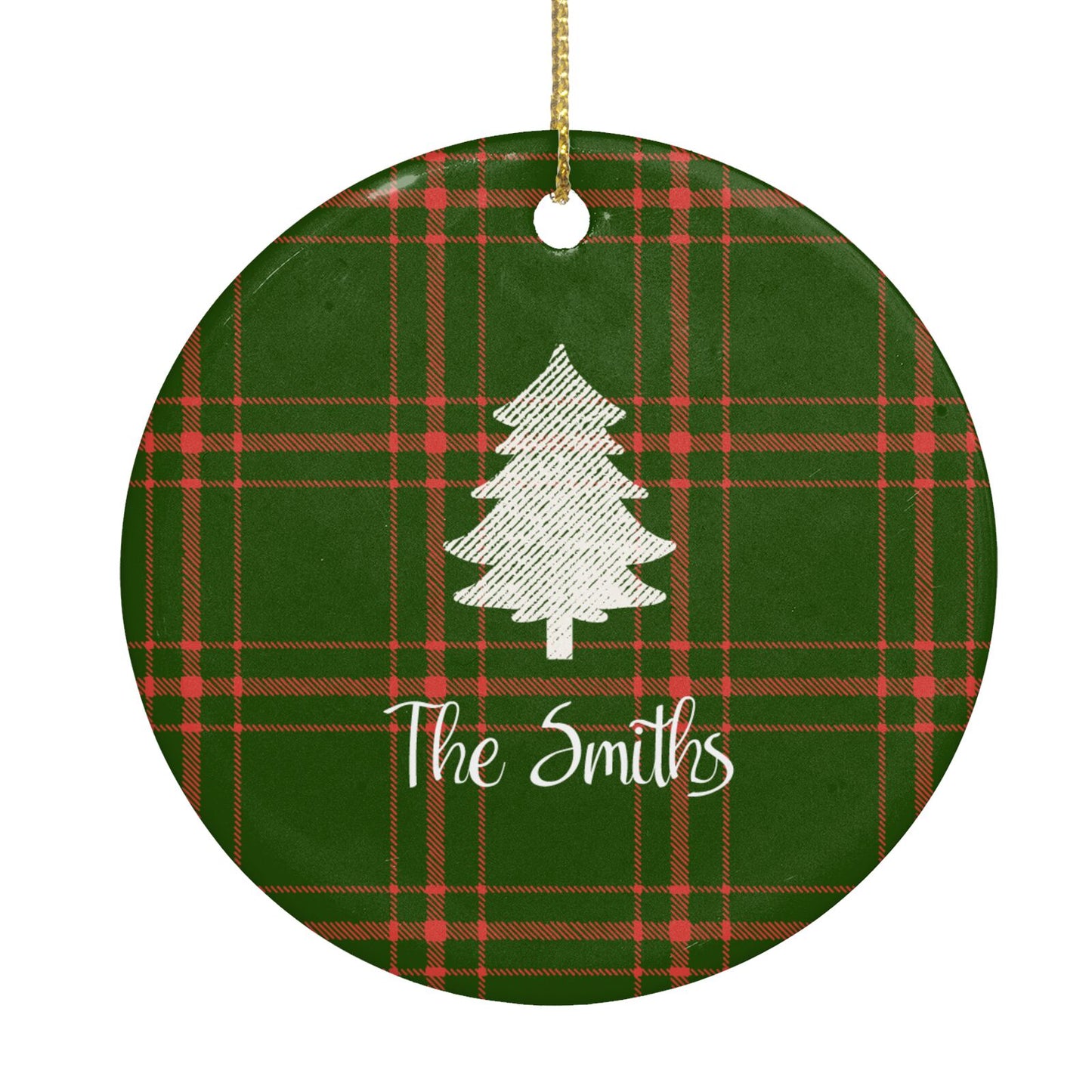 Green Tartan Christmas Tree Personalised Circle Decoration
