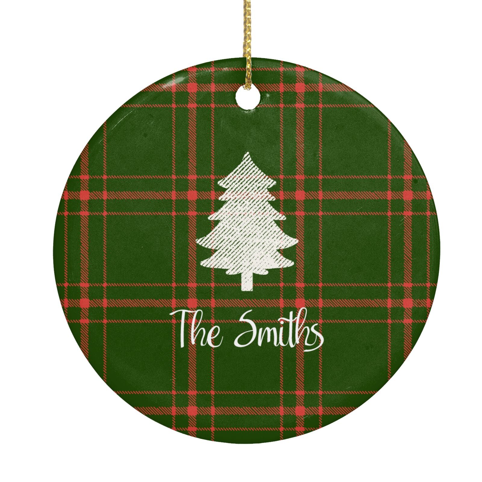 Green Tartan Christmas Tree Personalised Circle Decoration