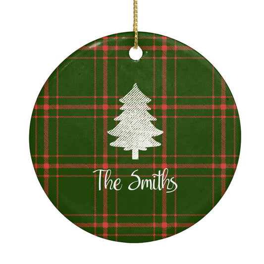Green Tartan Christmas Tree Personalised Circle Decoration