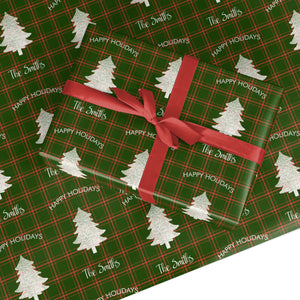 Personalisiertes Geschenkpapier mit grünem Tartan-Weihnachtsbaum