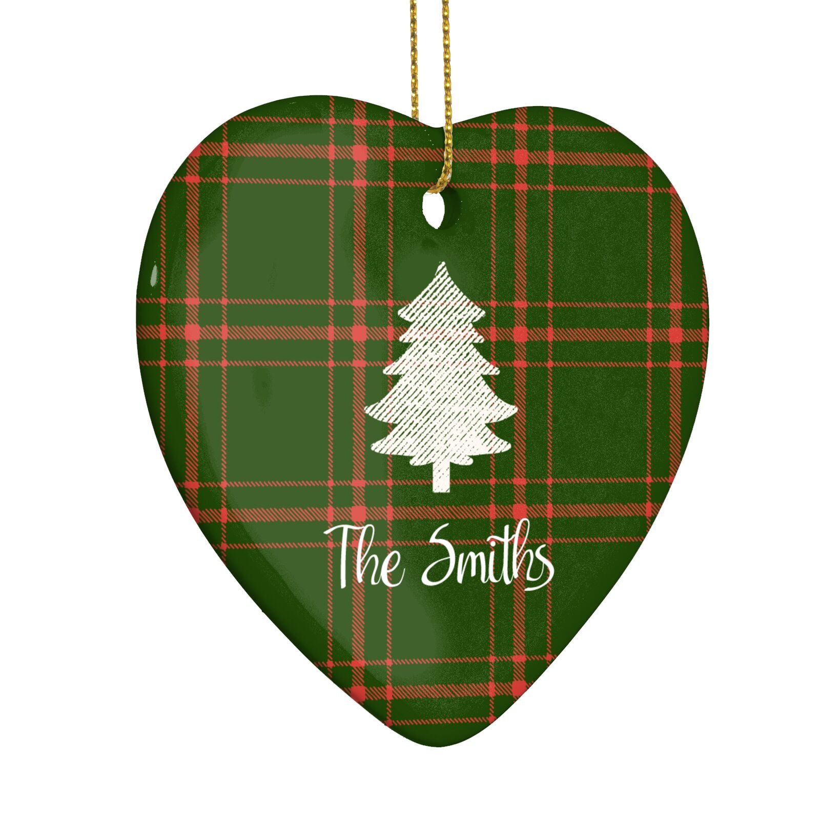 Green Tartan Christmas Tree Personalised Heart Decoration Side Angle
