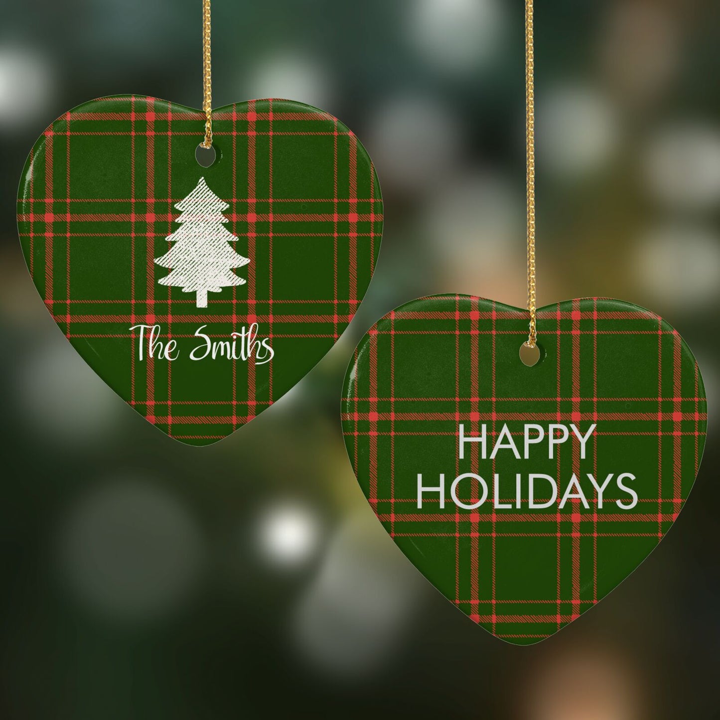Green Tartan Christmas Tree Personalised Heart Decoration on Christmas Background