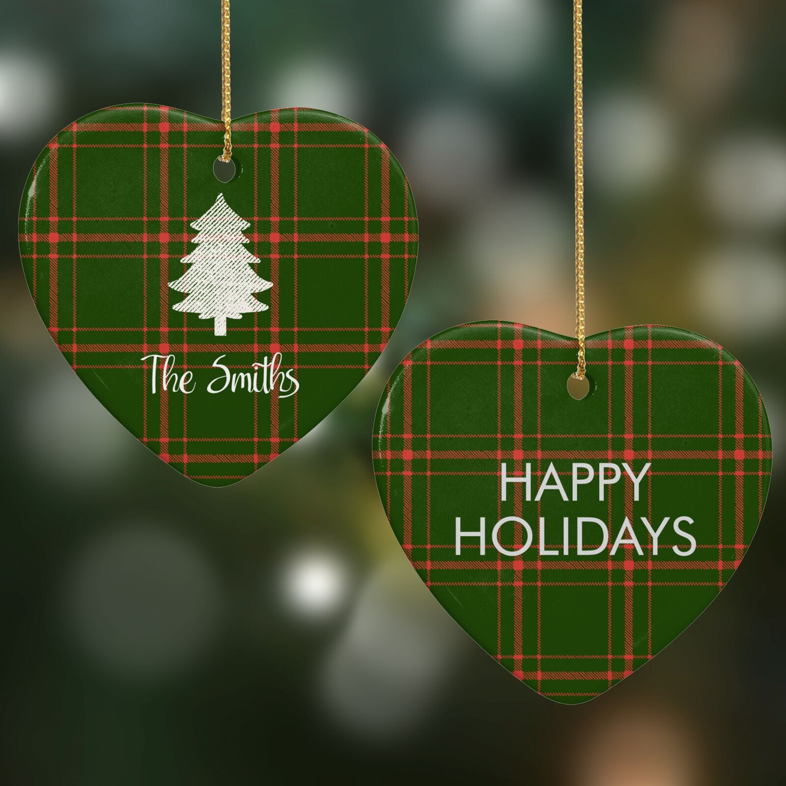Green Tartan Christmas Tree Personalised Heart Decoration on Christmas Background