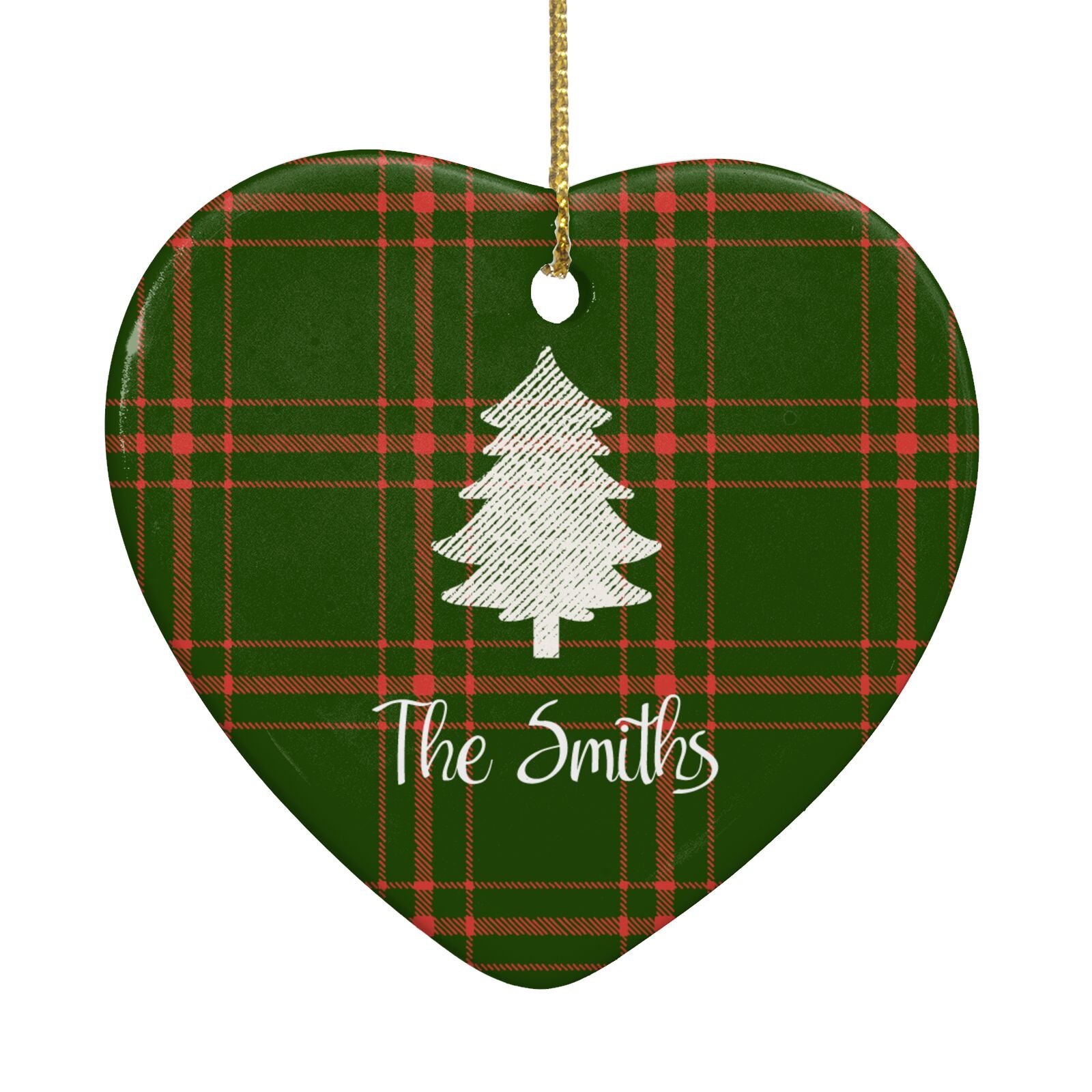 Green Tartan Christmas Tree Personalised Heart Decoration