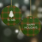 Green Tartan Christmas Tree Personalised Round Decoration on Christmas Background