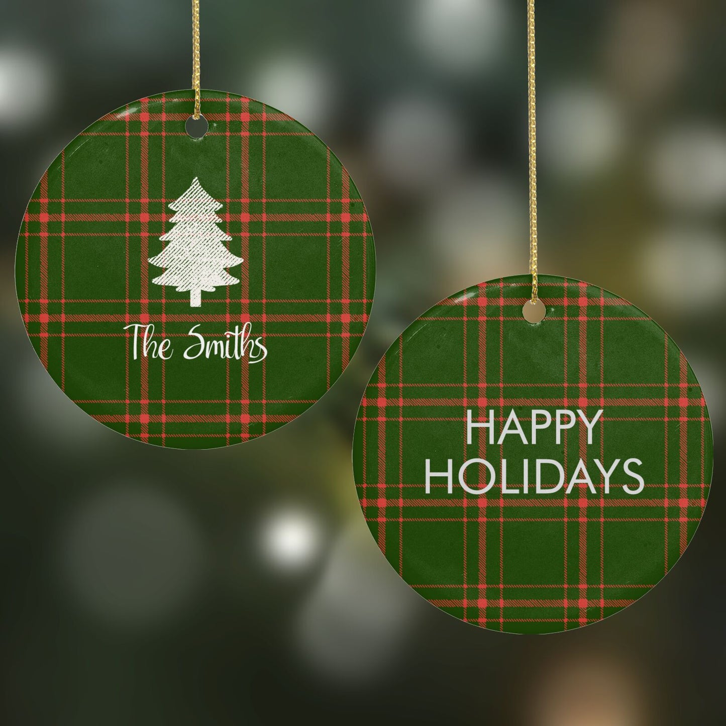 Green Tartan Christmas Tree Personalised Round Decoration on Christmas Background