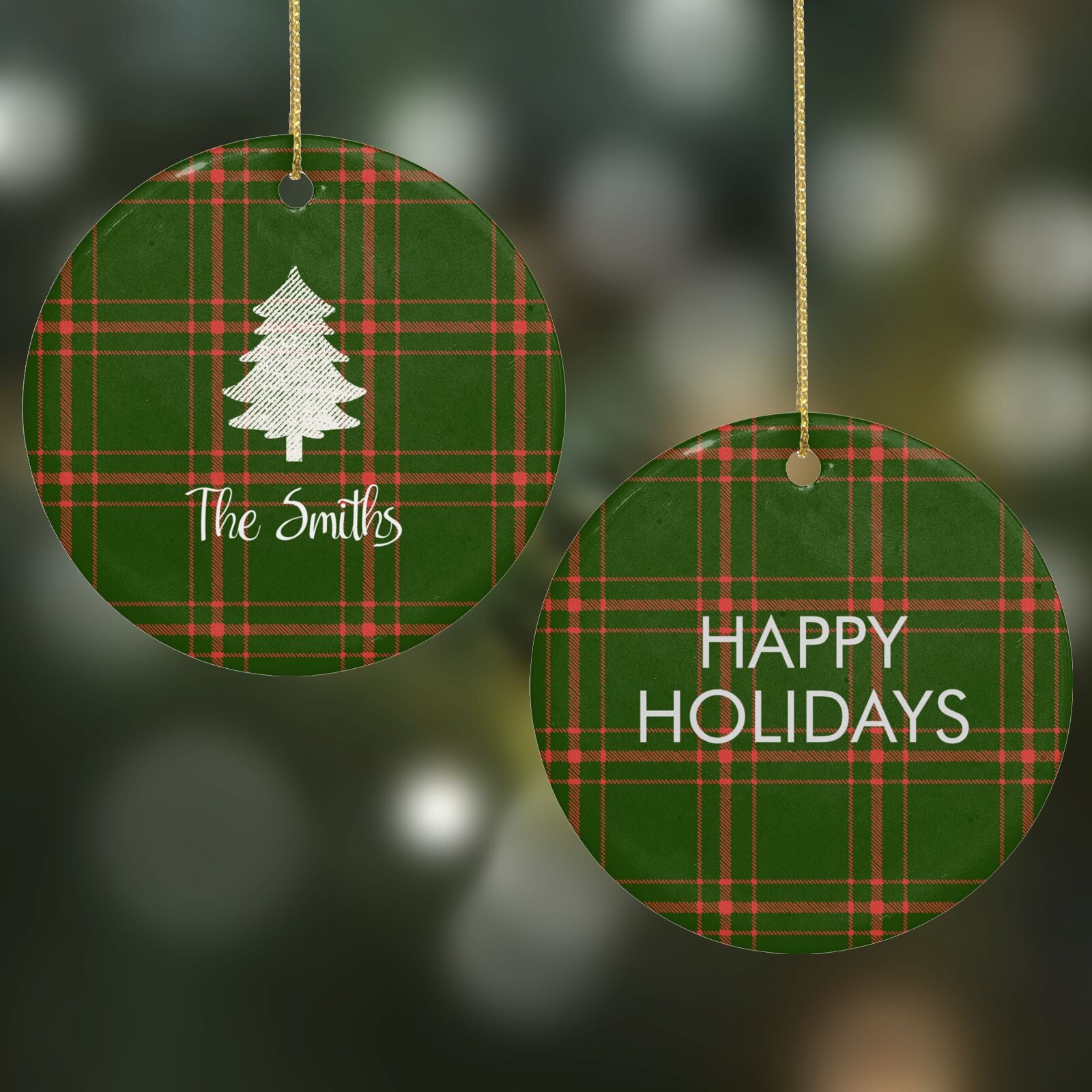 Green Tartan Christmas Tree Personalised Round Decoration on Christmas Background