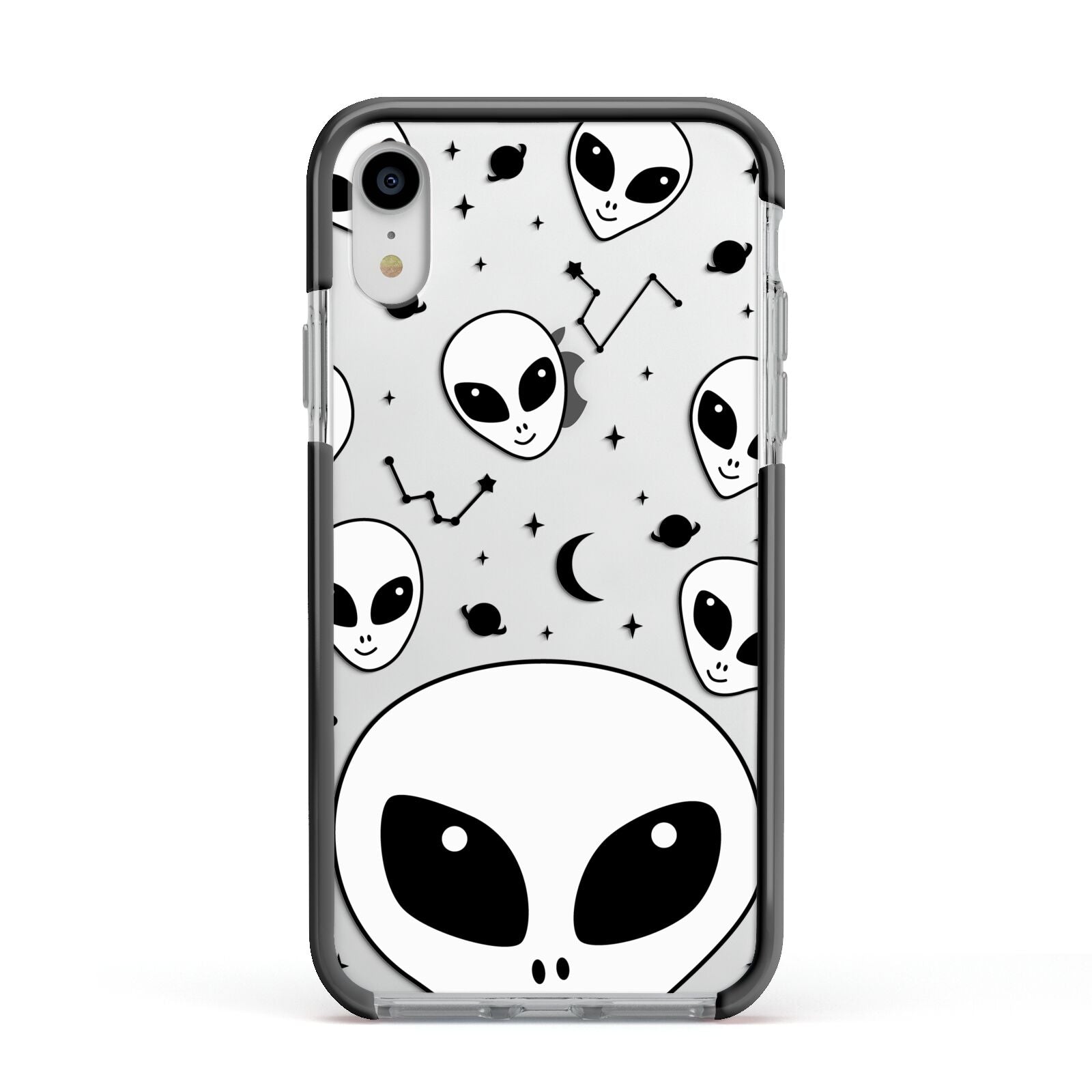 Grey Aliens Constellation Apple iPhone XR Impact Case Black Edge on Silver Phone