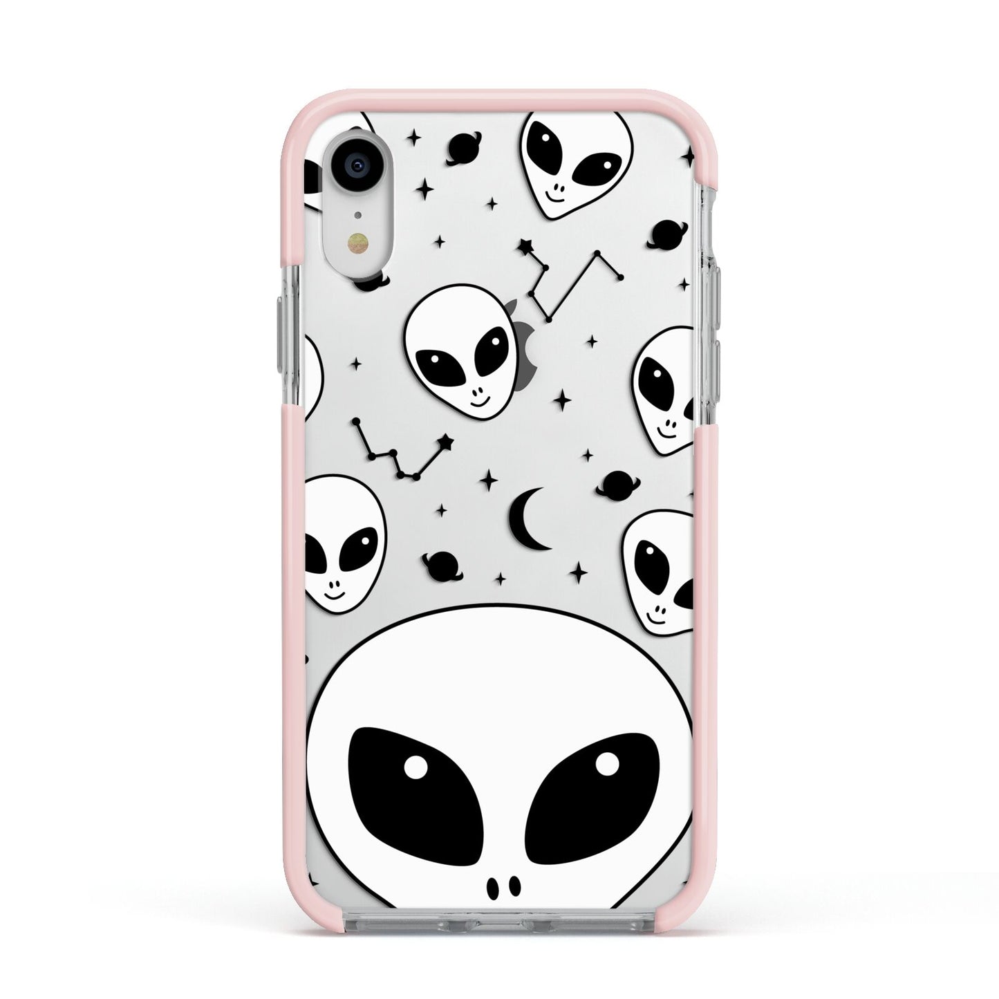 Grey Aliens Constellation Apple iPhone XR Impact Case Pink Edge on Silver Phone