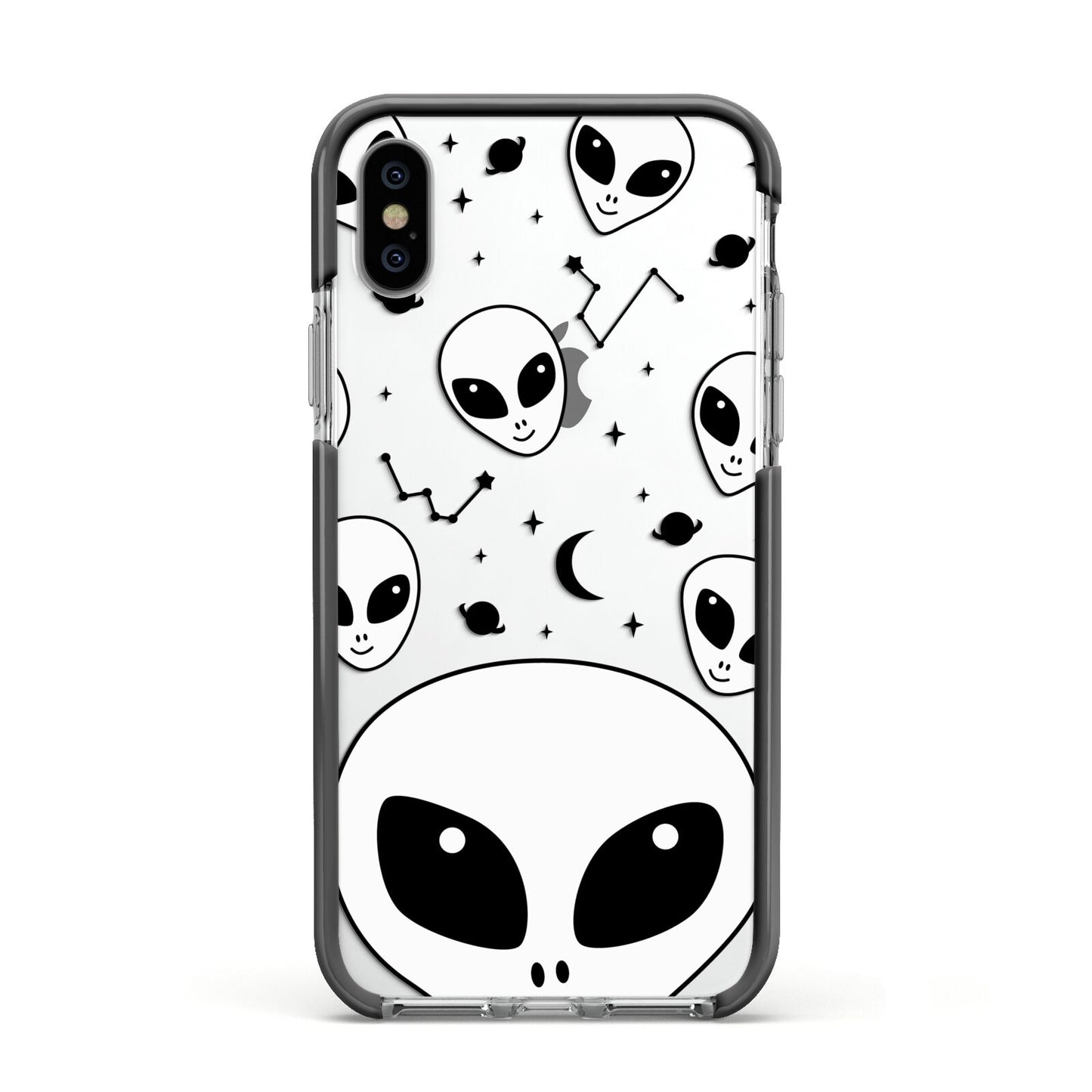 Grey Aliens Constellation Apple iPhone Xs Impact Case Black Edge on Silver Phone