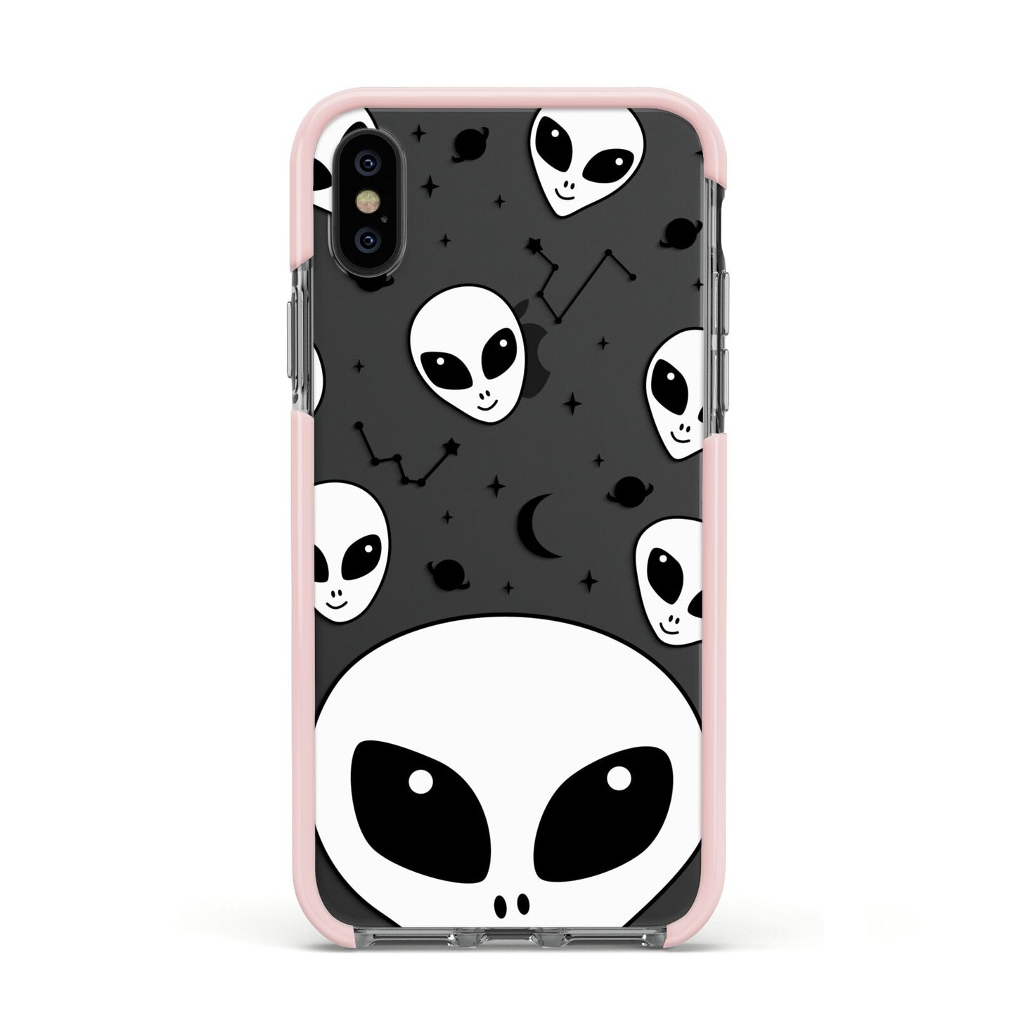 Grey Aliens Constellation Apple iPhone Xs Impact Case Pink Edge on Black Phone