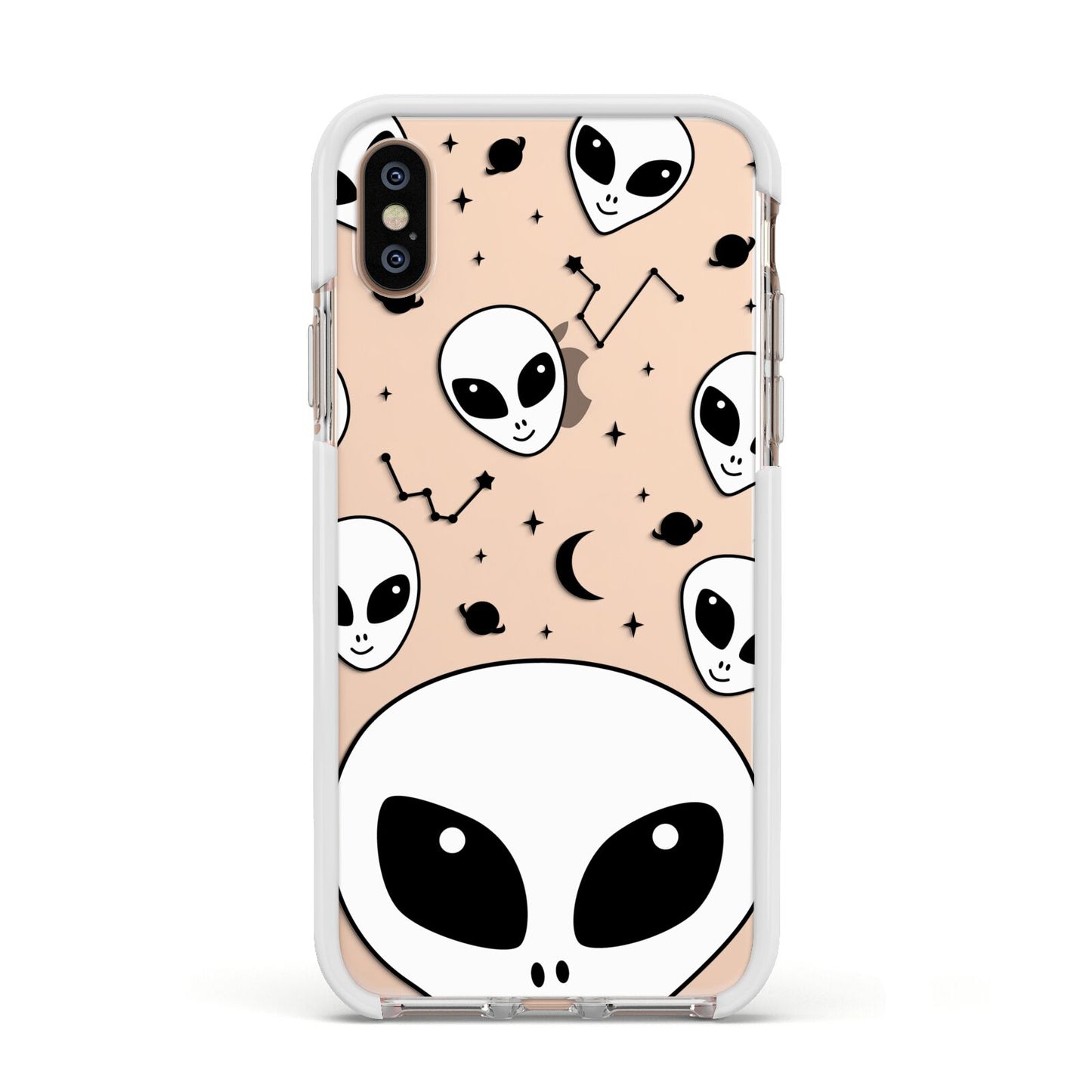 Grey Aliens Constellation Apple iPhone Xs Impact Case White Edge on Gold Phone