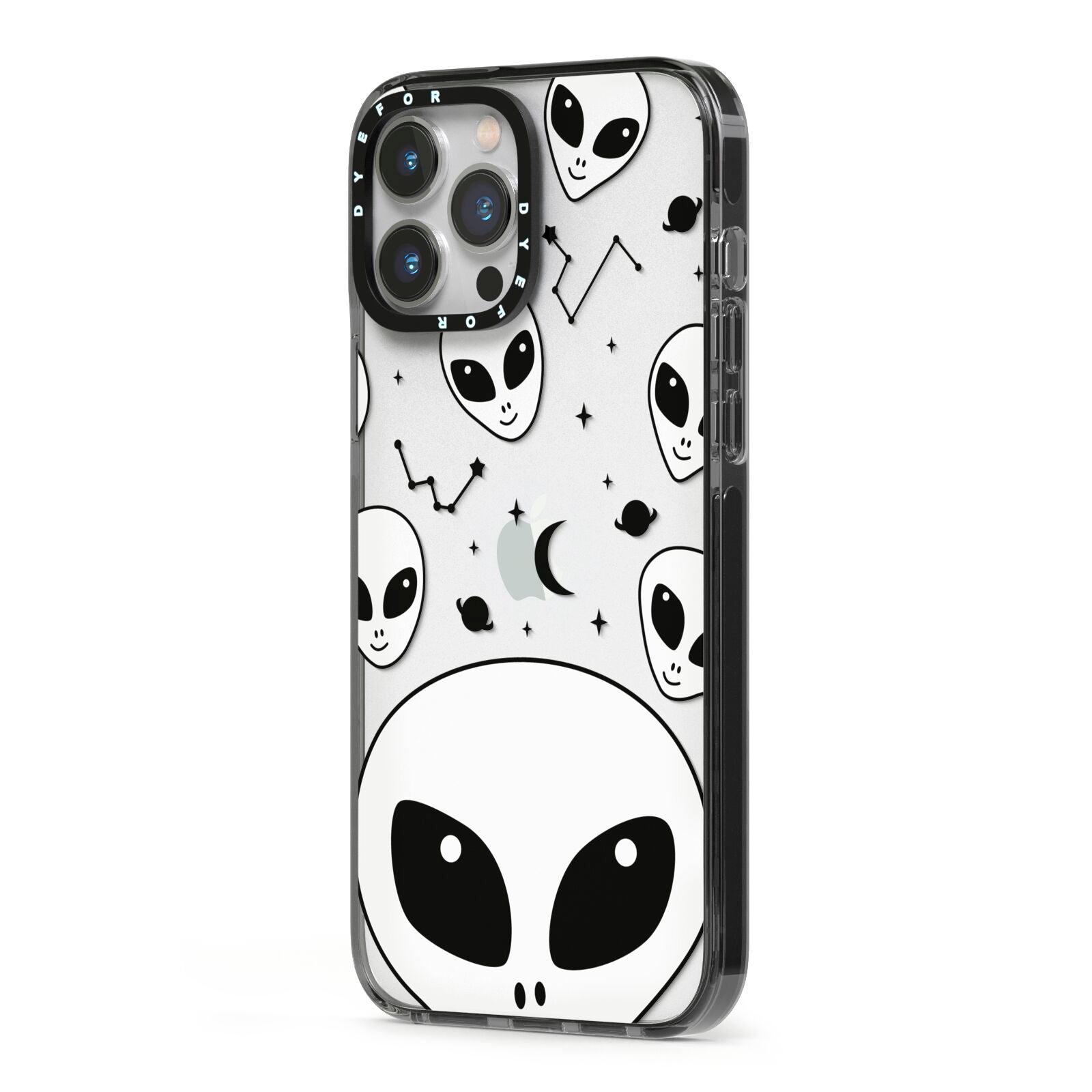 Grey Aliens Constellation iPhone 13 Pro Max Black Impact Case Side Angle on Silver phone