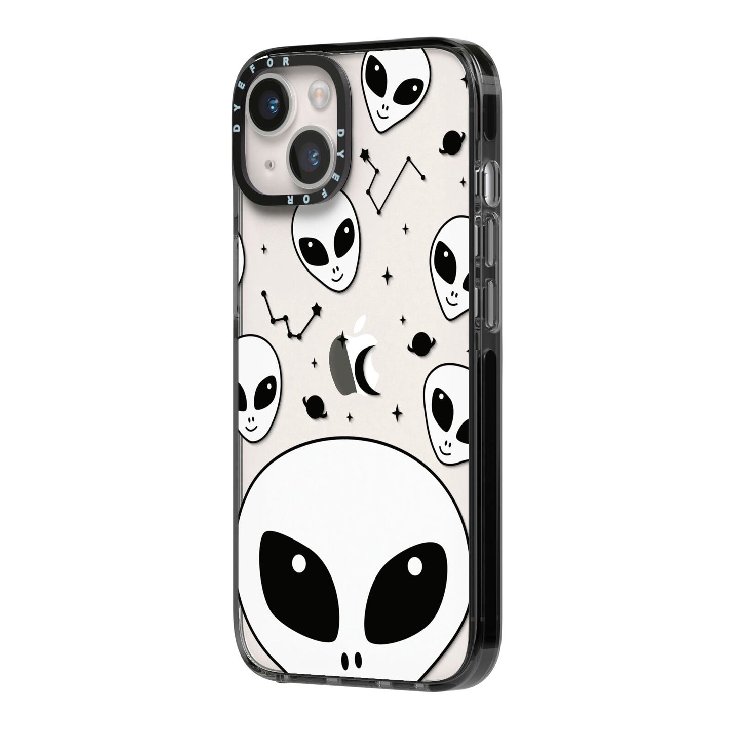Grey Aliens Constellation iPhone 14 Black Impact Case Side Angle on Silver phone