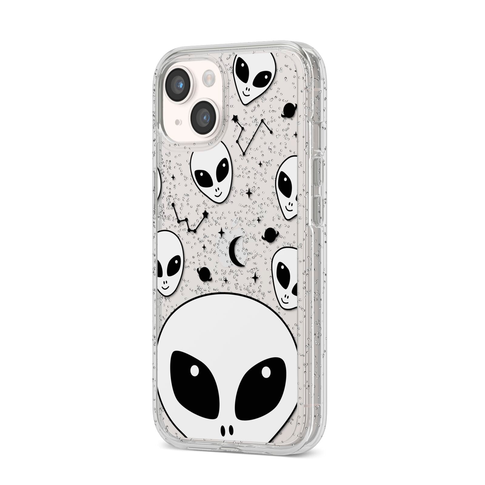 Grey Aliens Constellation iPhone 14 Glitter Tough Case Starlight Angled Image