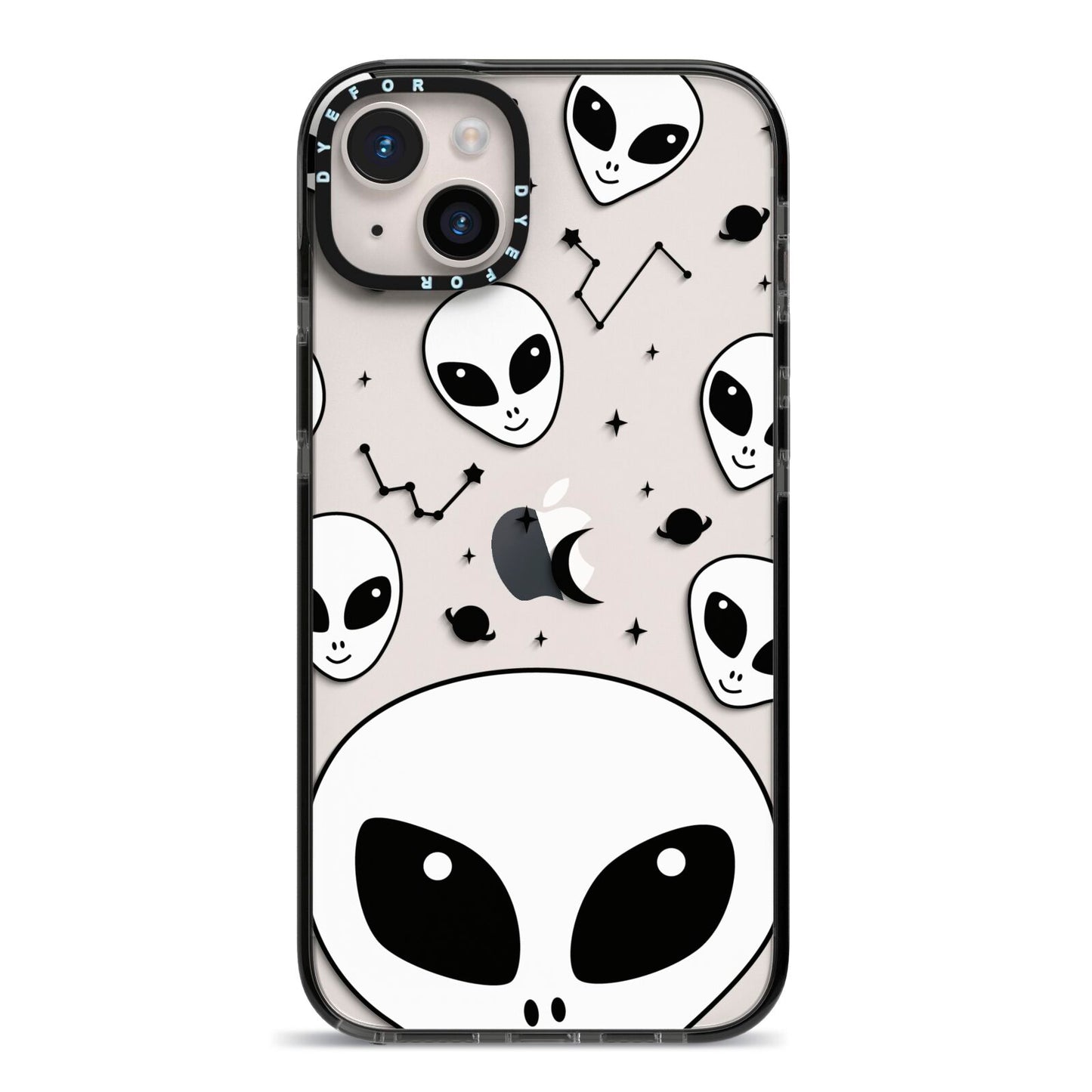 Grey Aliens Constellation iPhone 14 Plus Black Impact Case on Silver phone