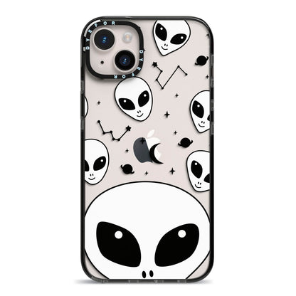 Grey Aliens Constellation iPhone 14 Plus Black Impact Case on Silver phone