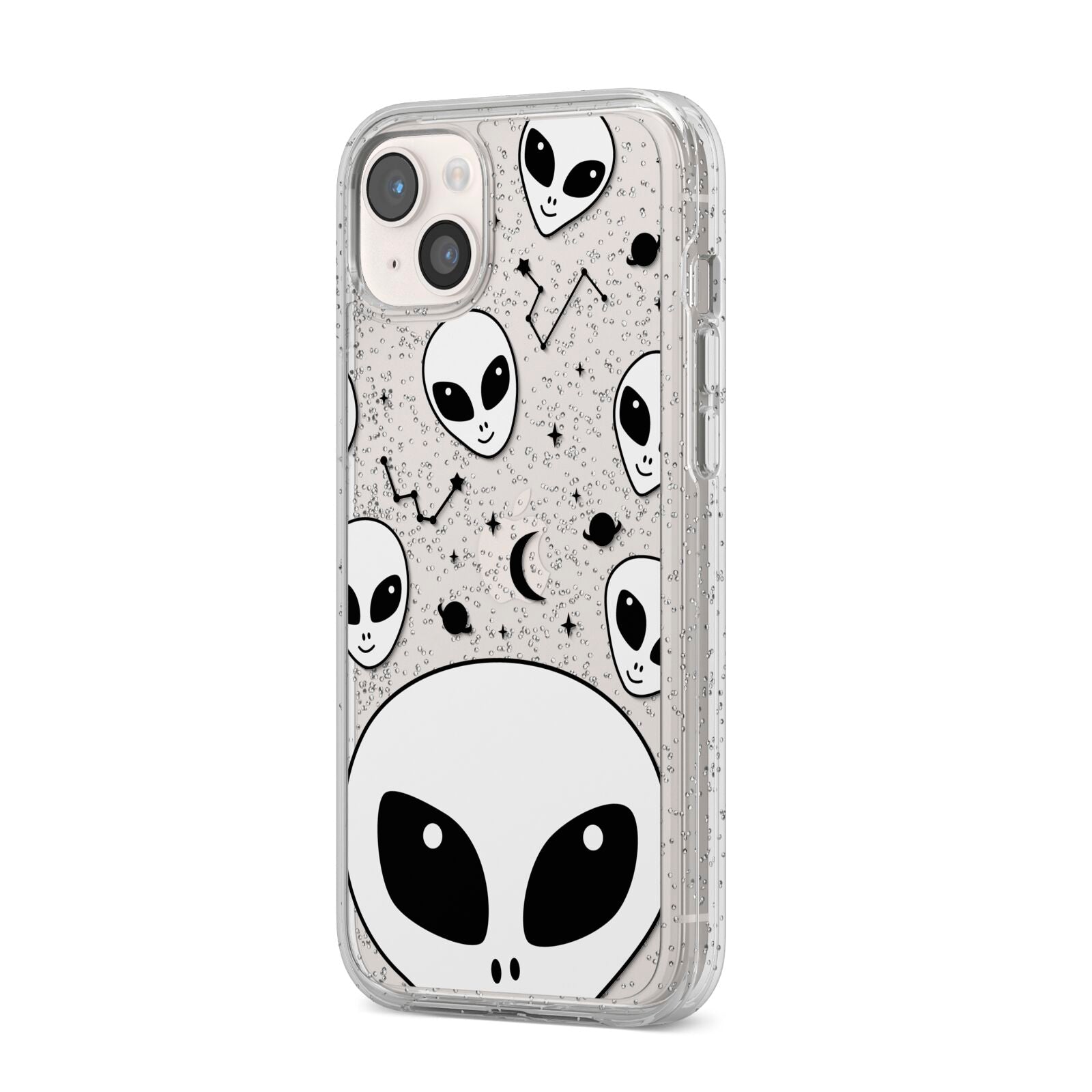Grey Aliens Constellation iPhone 14 Plus Glitter Tough Case Starlight Angled Image