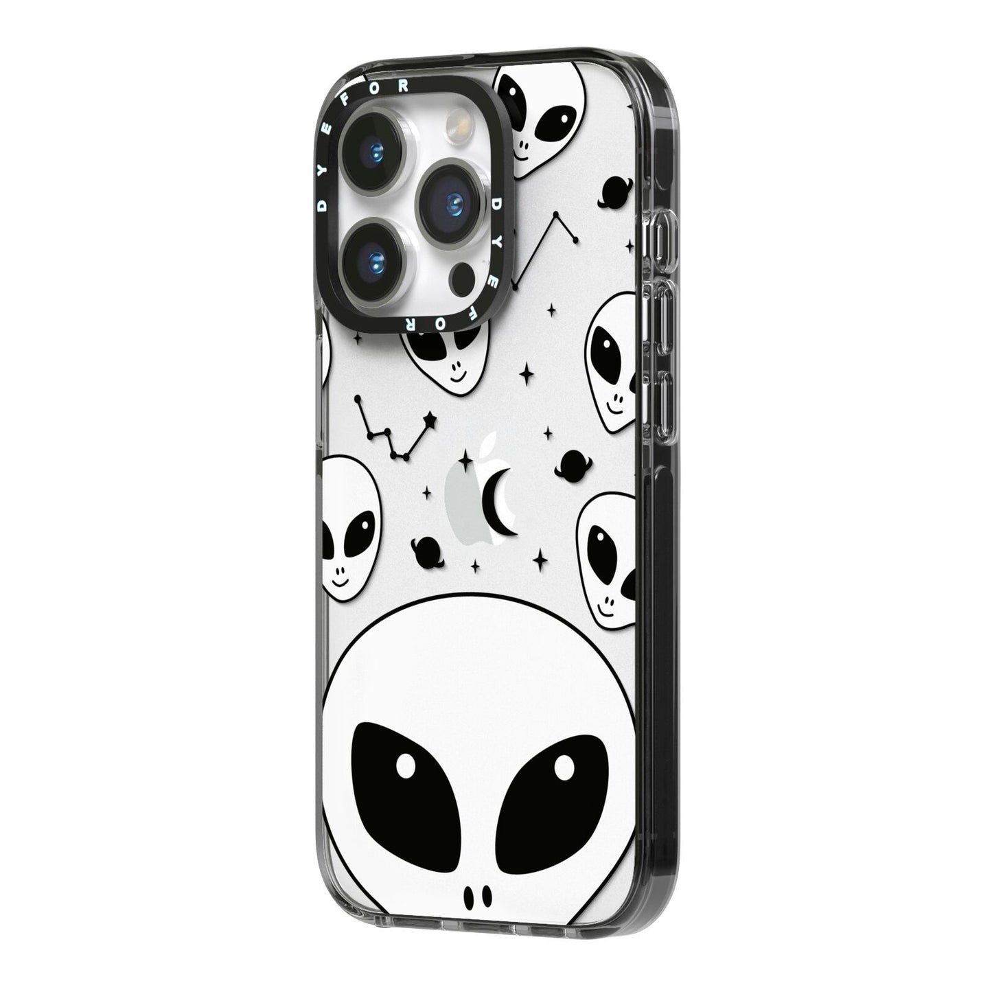 Grey Aliens Constellation iPhone 14 Pro Black Impact Case Side Angle on Silver phone