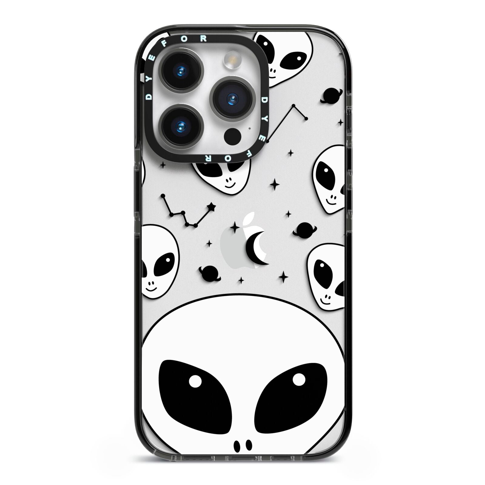 Grey Aliens Constellation iPhone 14 Pro Black Impact Case on Silver phone
