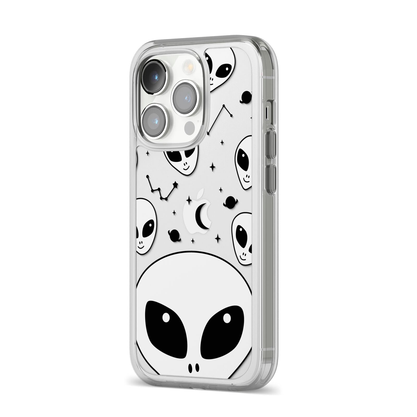 Grey Aliens Constellation iPhone 14 Pro Clear Tough Case Silver Angled Image