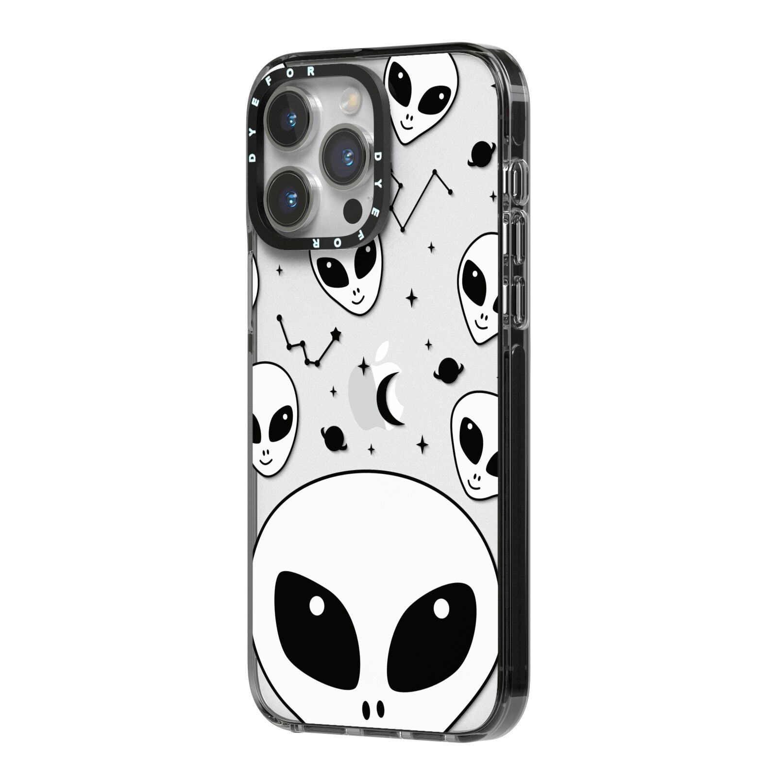 Grey Aliens Constellation iPhone 14 Pro Max Black Impact Case Side Angle on Silver phone