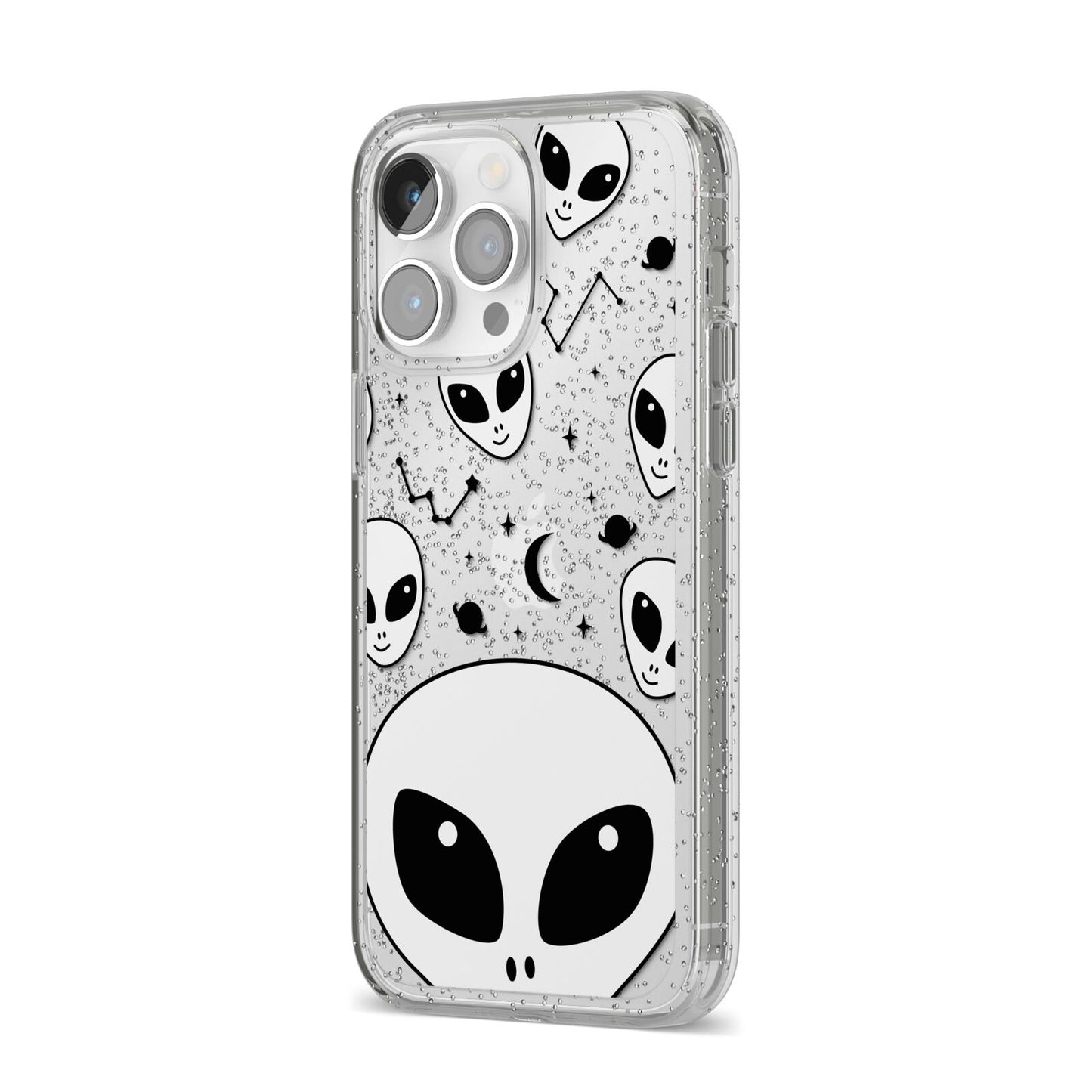 Grey Aliens Constellation iPhone 14 Pro Max Glitter Tough Case Silver Angled Image