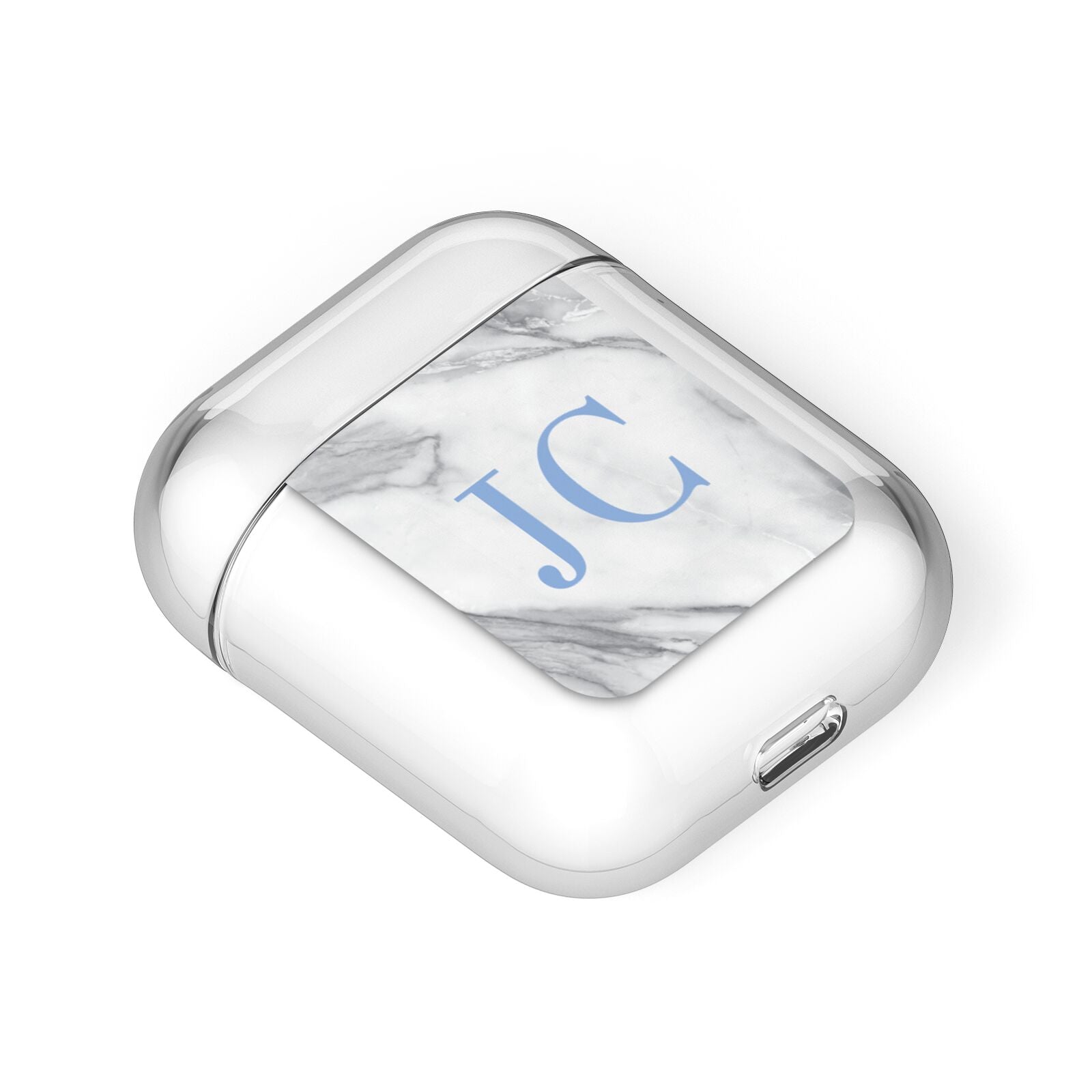 Grey Marble Blue Initials AirPods Case Laid Flat