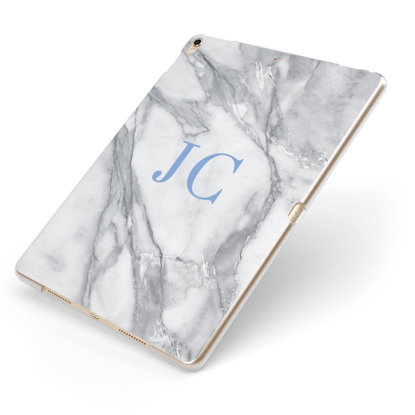 Grey Marble Blue Initials Apple iPad Case on Gold iPad Side View
