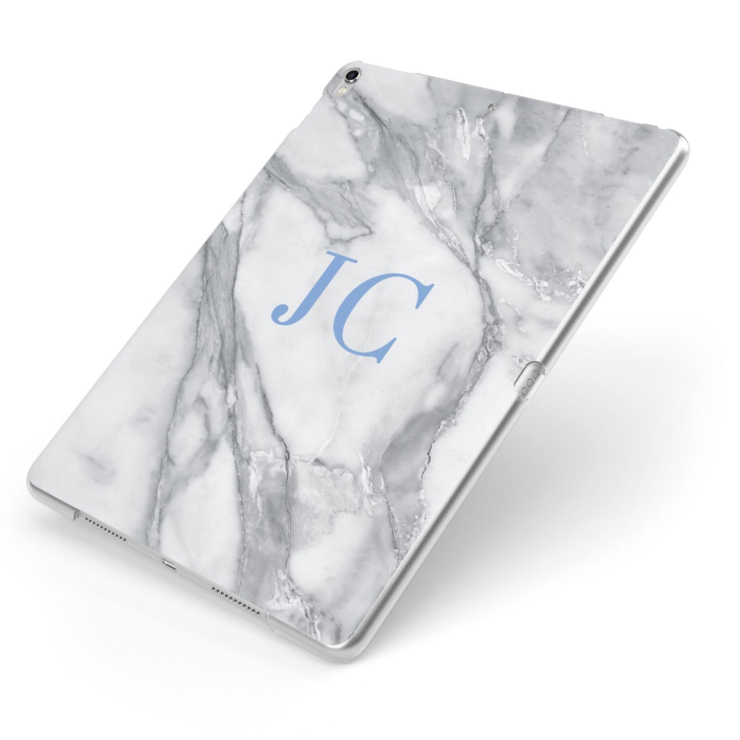 Grey Marble Blue Initials Apple iPad Case on Silver iPad Side View
