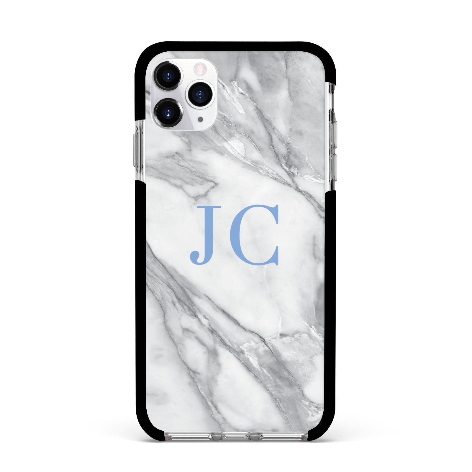 Grey Marble Blue Initials Apple iPhone 11 Pro Max in Silver with Black Impact Case