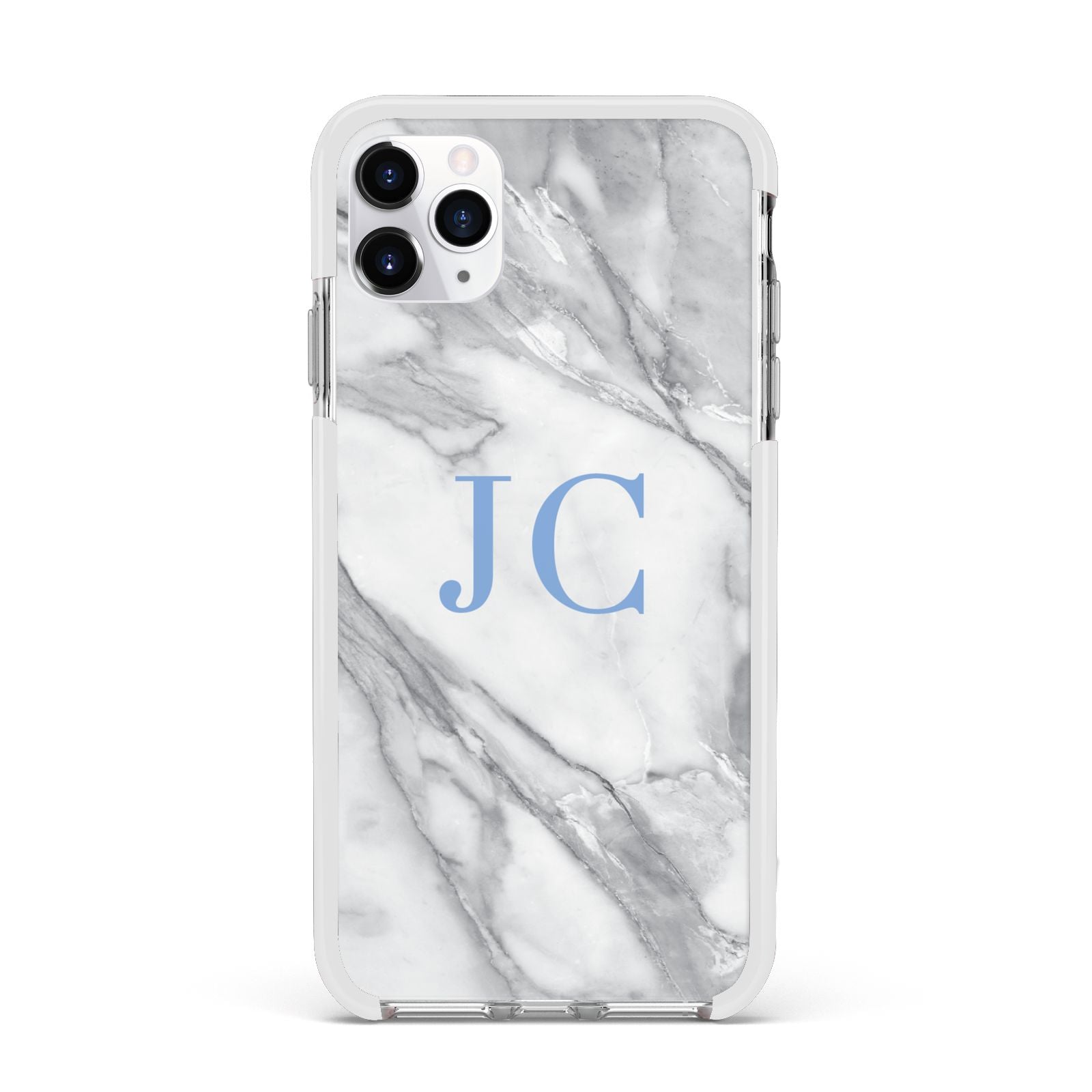 Grey Marble Blue Initials Apple iPhone 11 Pro Max in Silver with White Impact Case