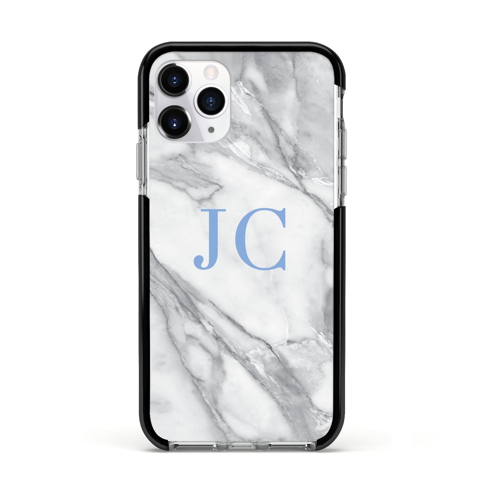 Grey Marble Blue Initials Apple iPhone 11 Pro in Silver with Black Impact Case