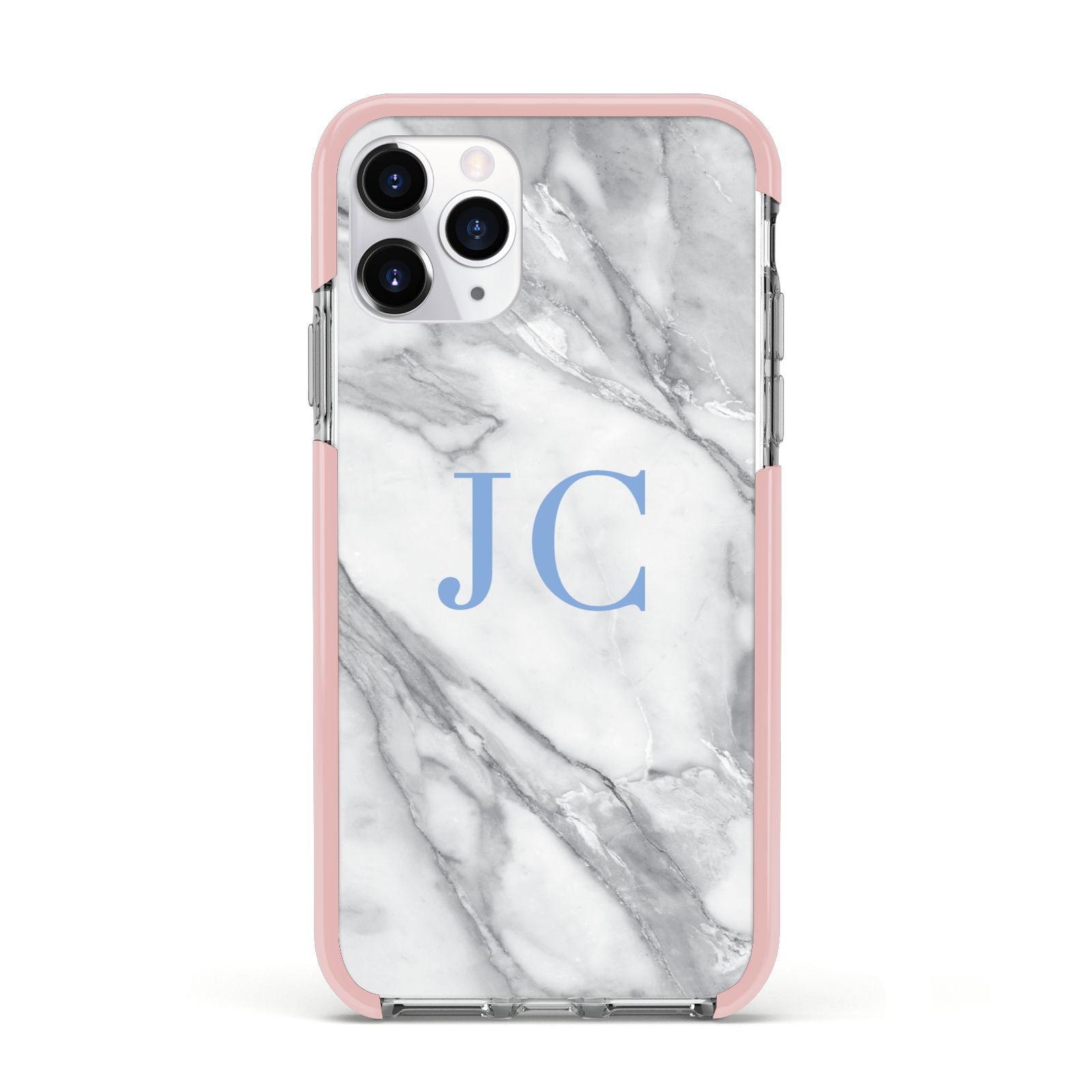 Grey Marble Blue Initials Apple iPhone 11 Pro in Silver with Pink Impact Case