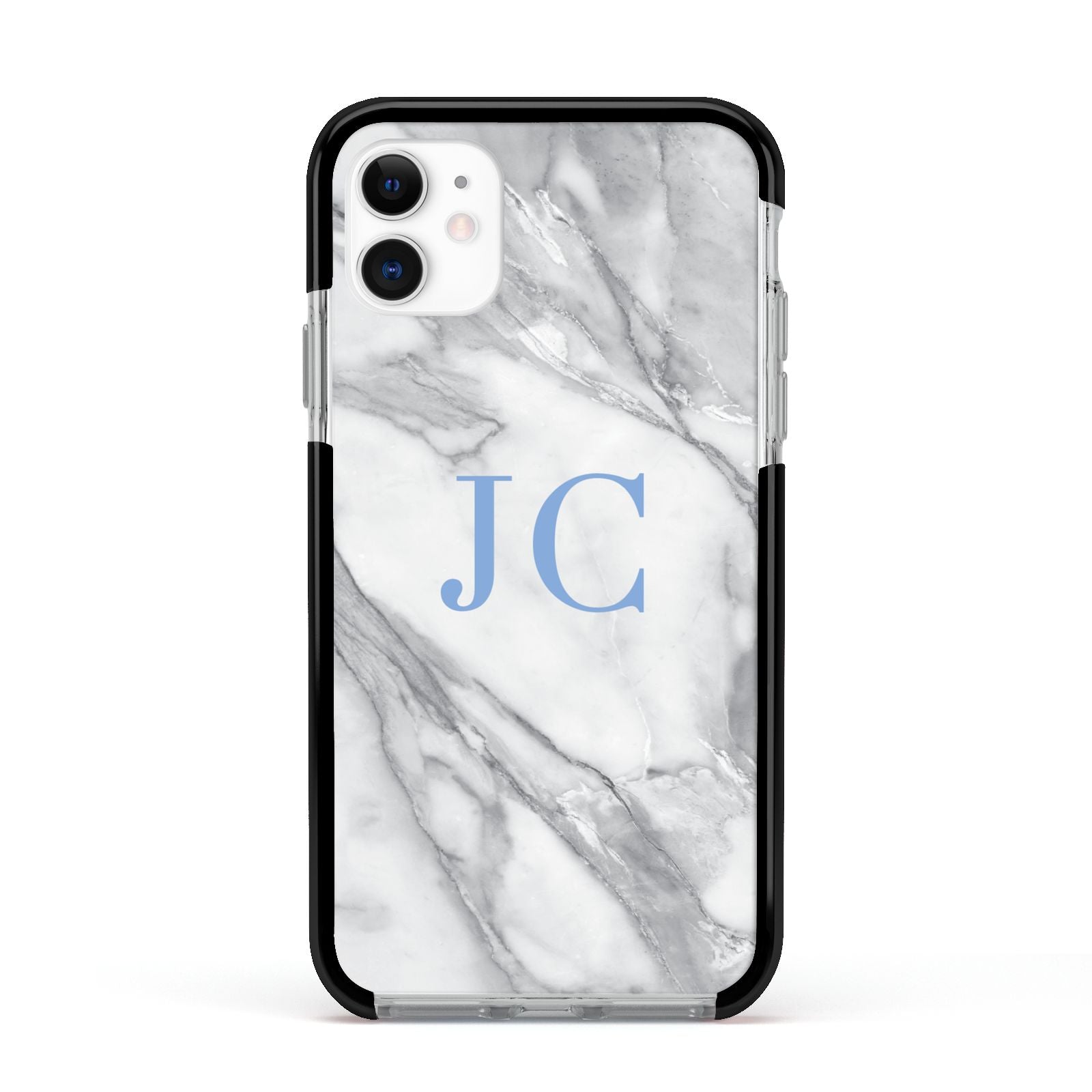 Grey Marble Blue Initials Apple iPhone 11 in White with Black Impact Case
