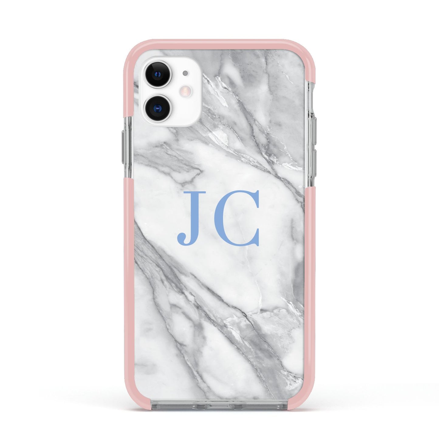 Grey Marble Blue Initials Apple iPhone 11 in White with Pink Impact Case