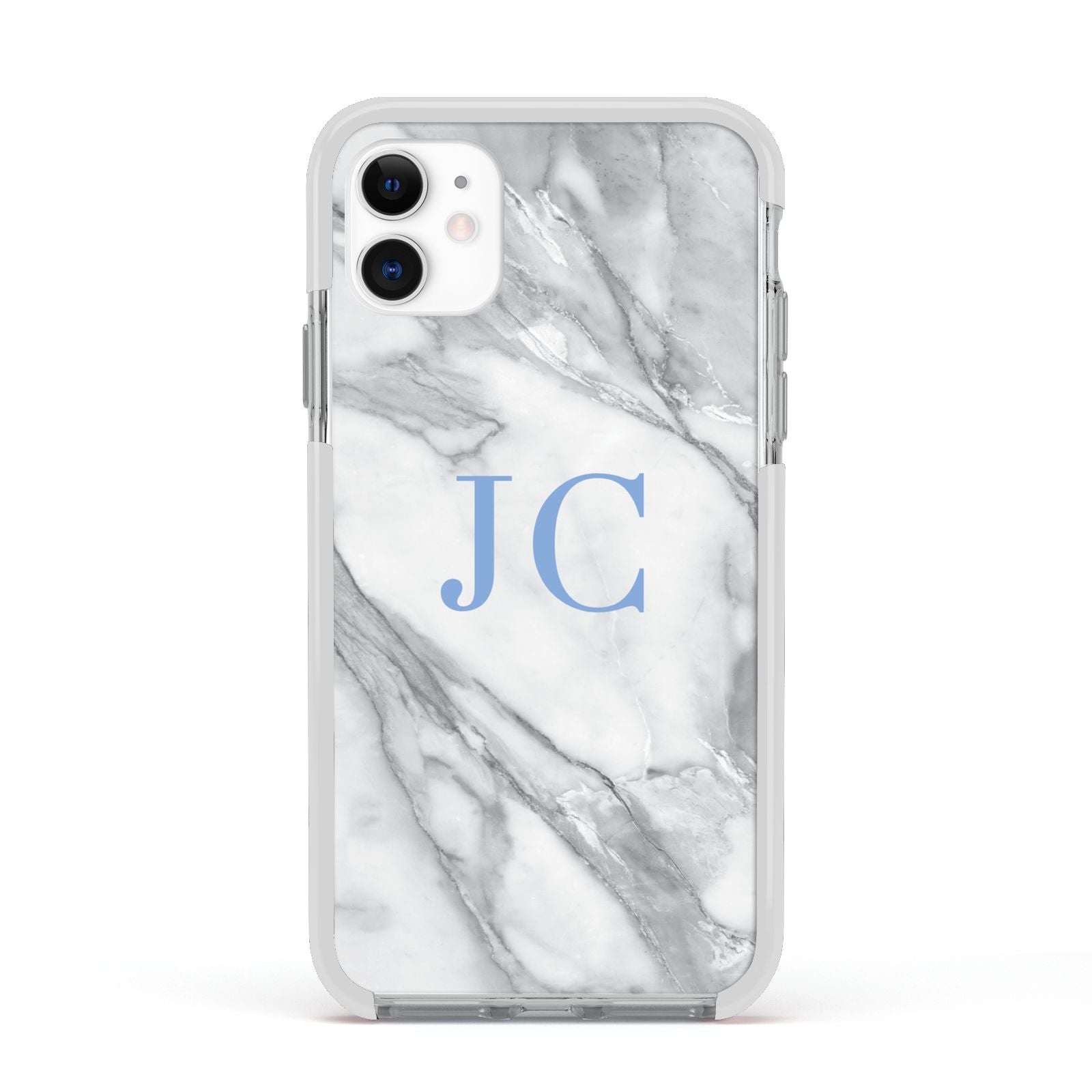 Grey Marble Blue Initials Apple iPhone 11 in White with White Impact Case
