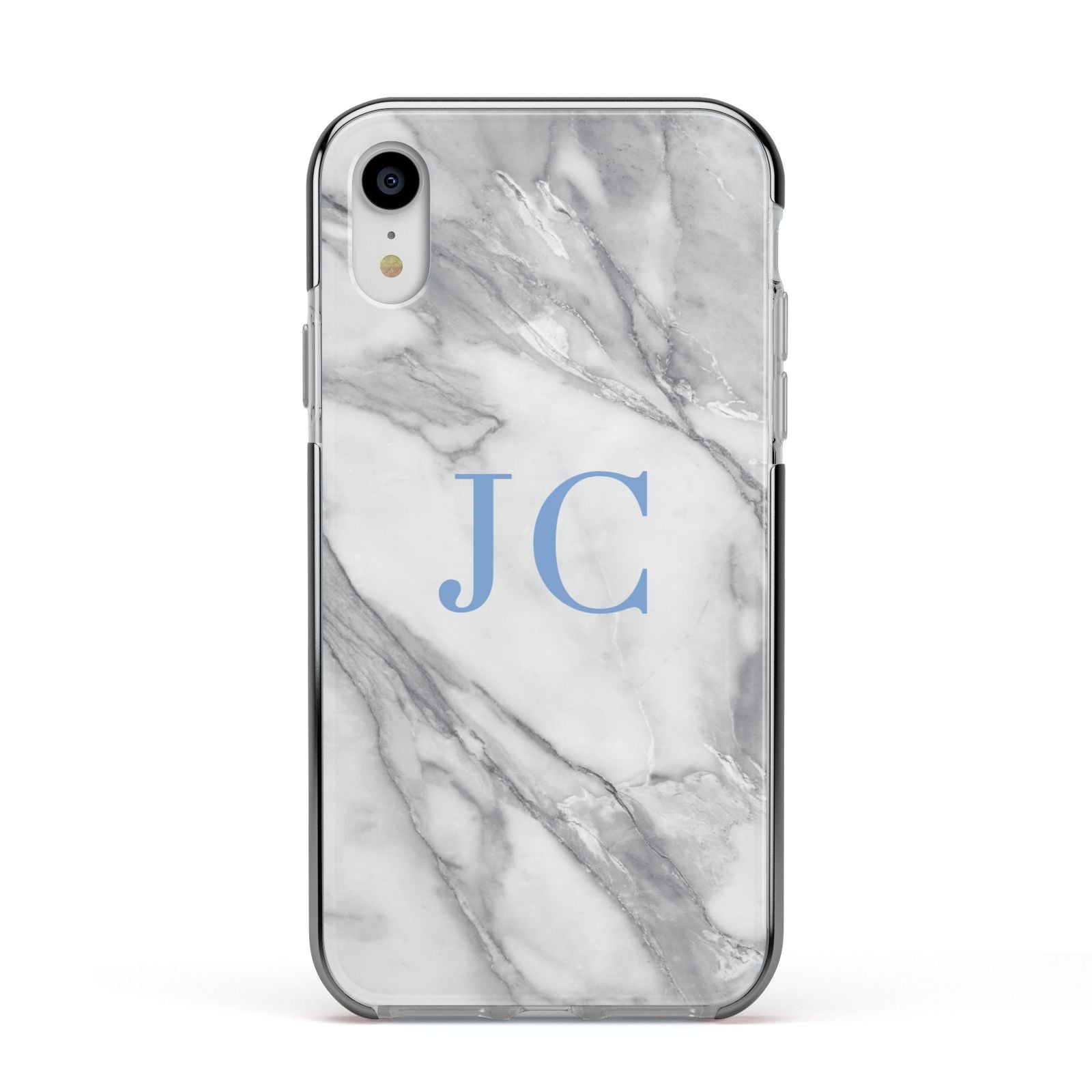 Grey Marble Blue Initials Apple iPhone XR Impact Case Black Edge on Silver Phone