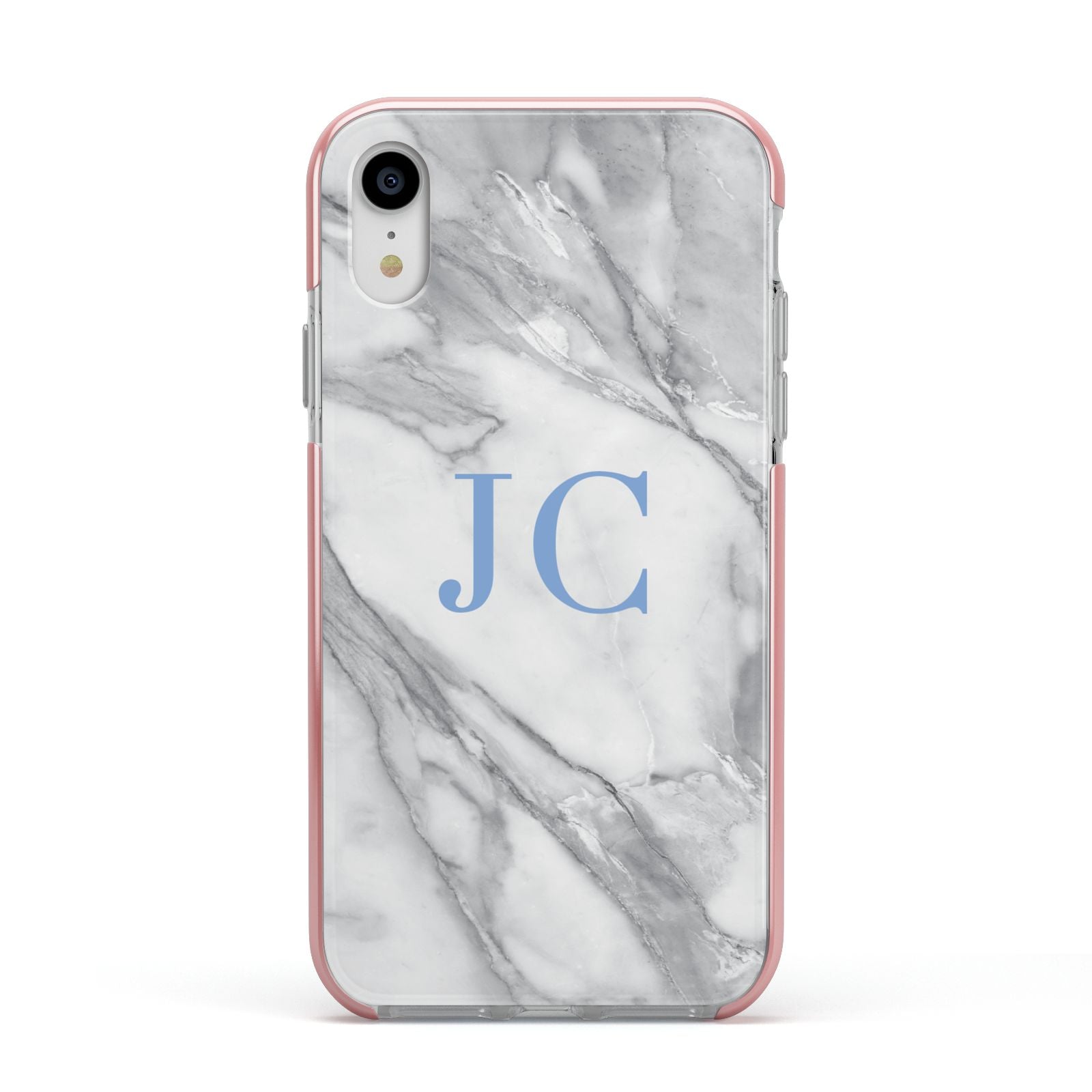 Grey Marble Blue Initials Apple iPhone XR Impact Case Pink Edge on Silver Phone
