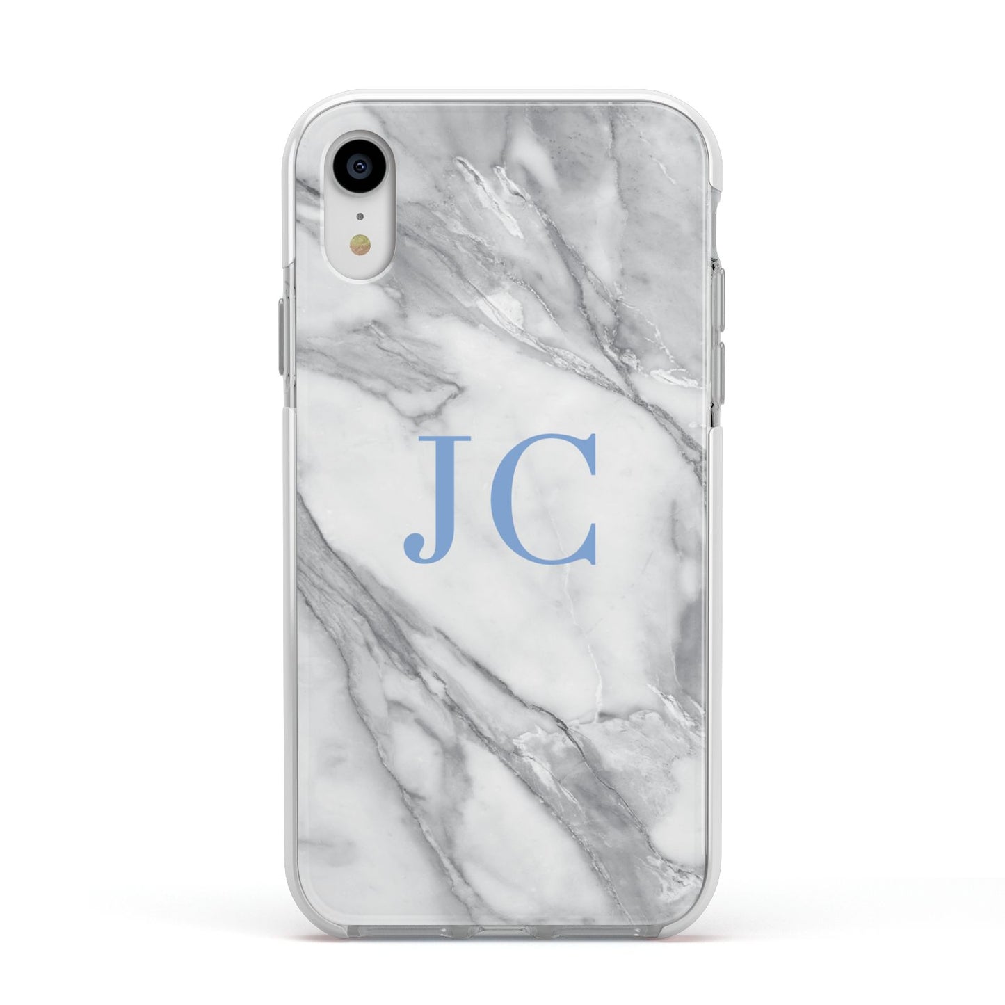 Grey Marble Blue Initials Apple iPhone XR Impact Case White Edge on Silver Phone