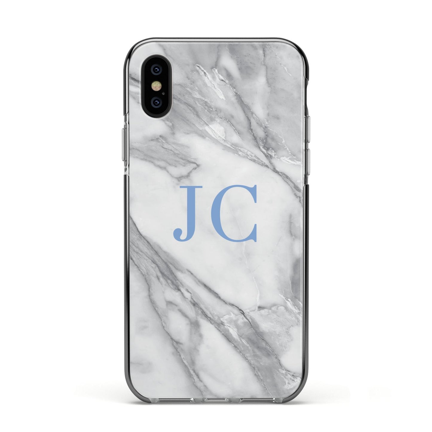 Grey Marble Blue Initials Apple iPhone Xs Impact Case Black Edge on Black Phone
